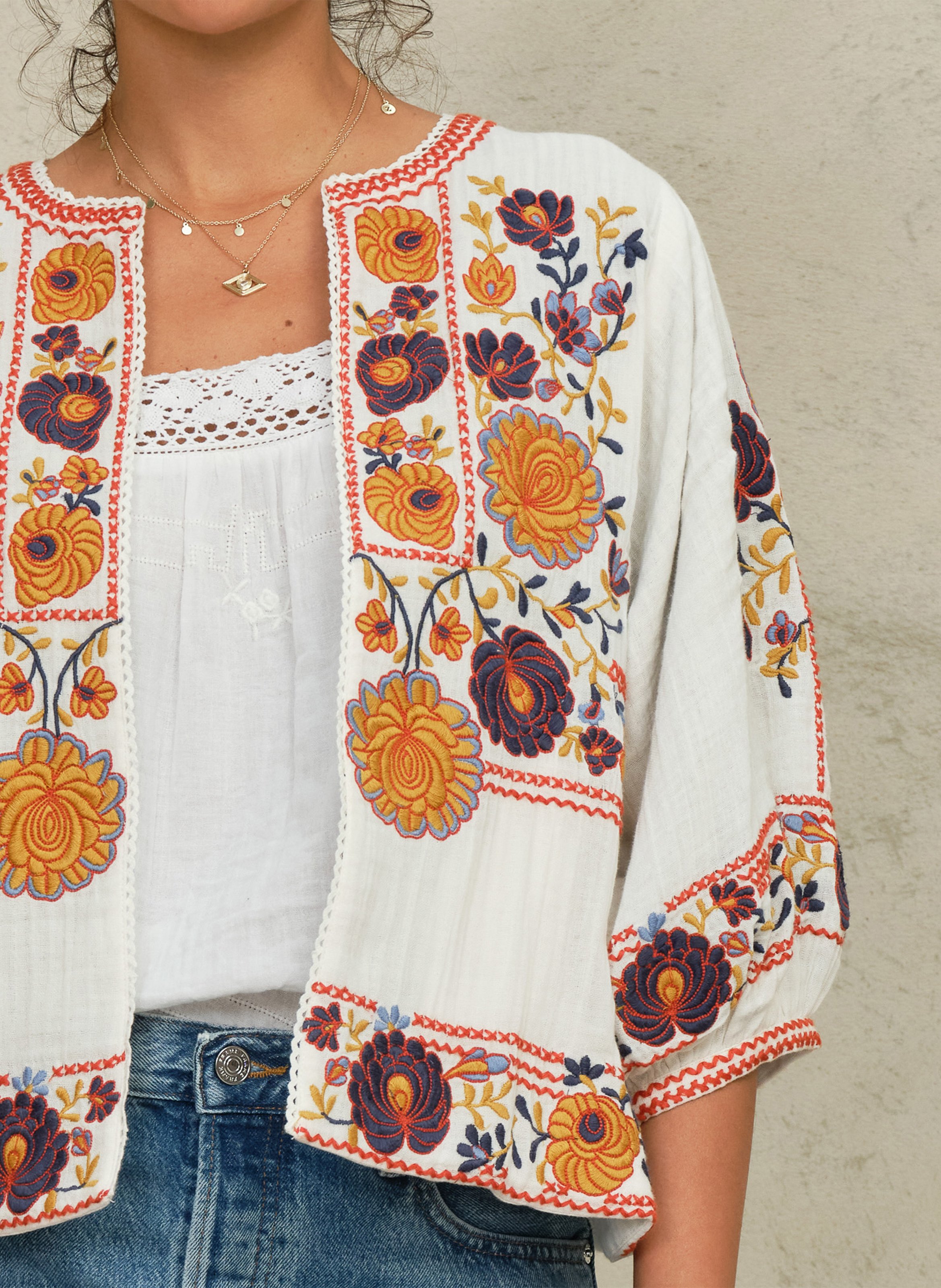 Veste oversize col rond en coton brodé M.A.B.E Blanc