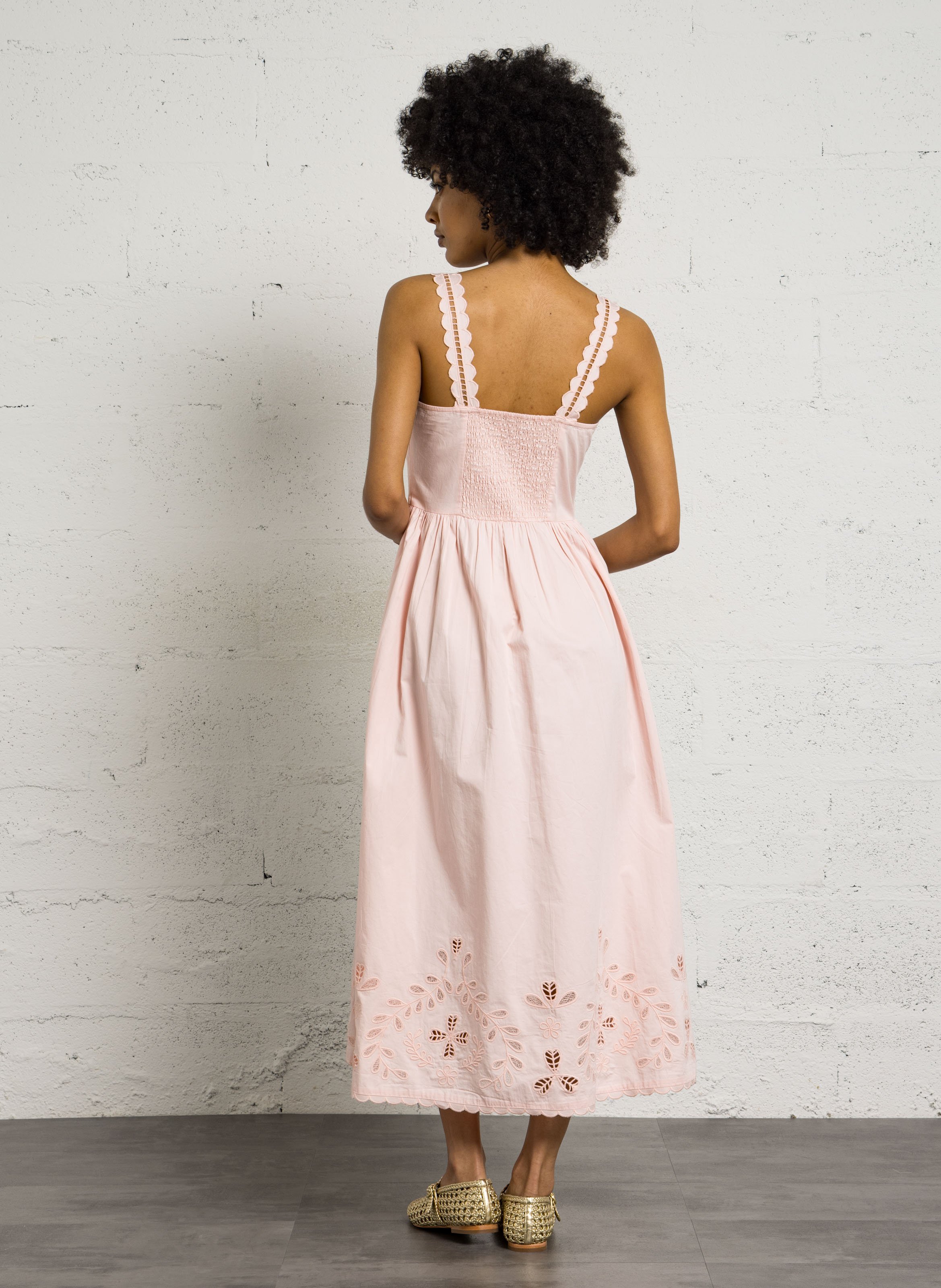 Robe longue col droit en coton BERENICE Rose