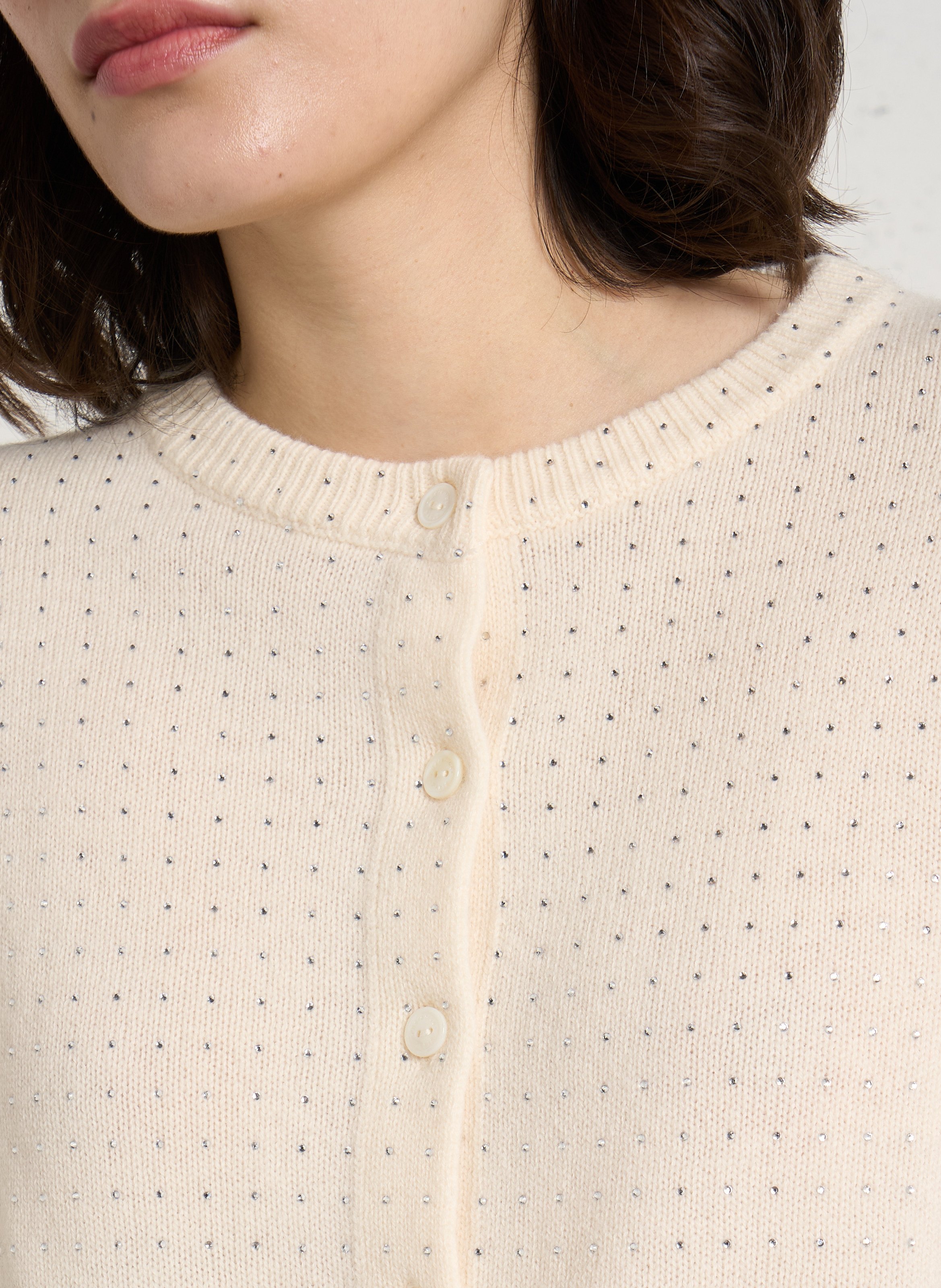 Straight rhinestone-embellished wool cardigan BERENICE White
