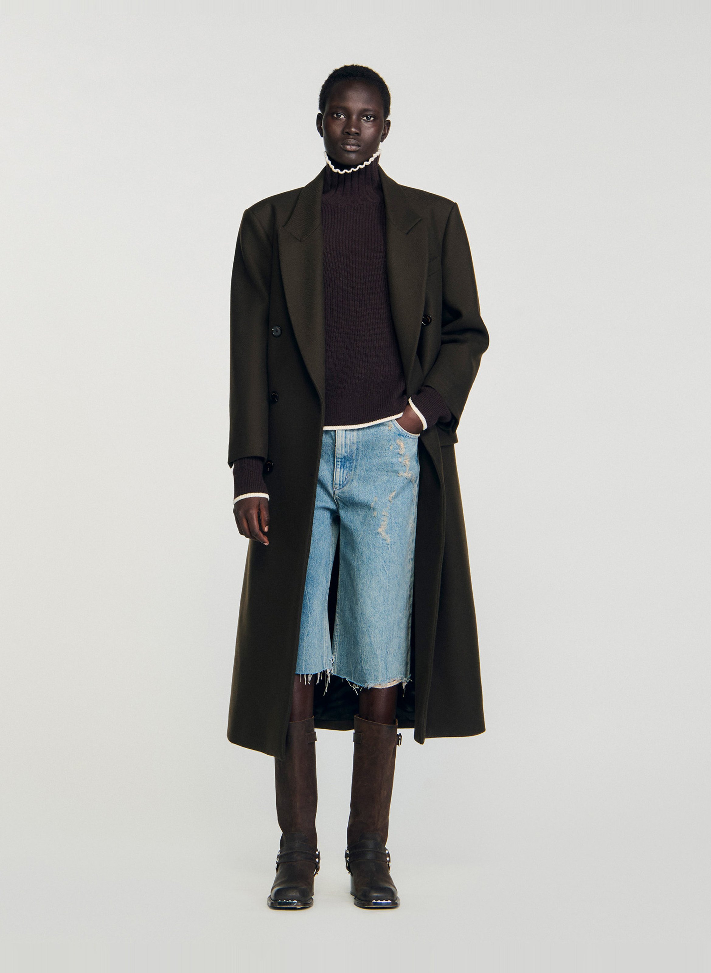 Pull col montant en laine mélangée SANDRO Marron