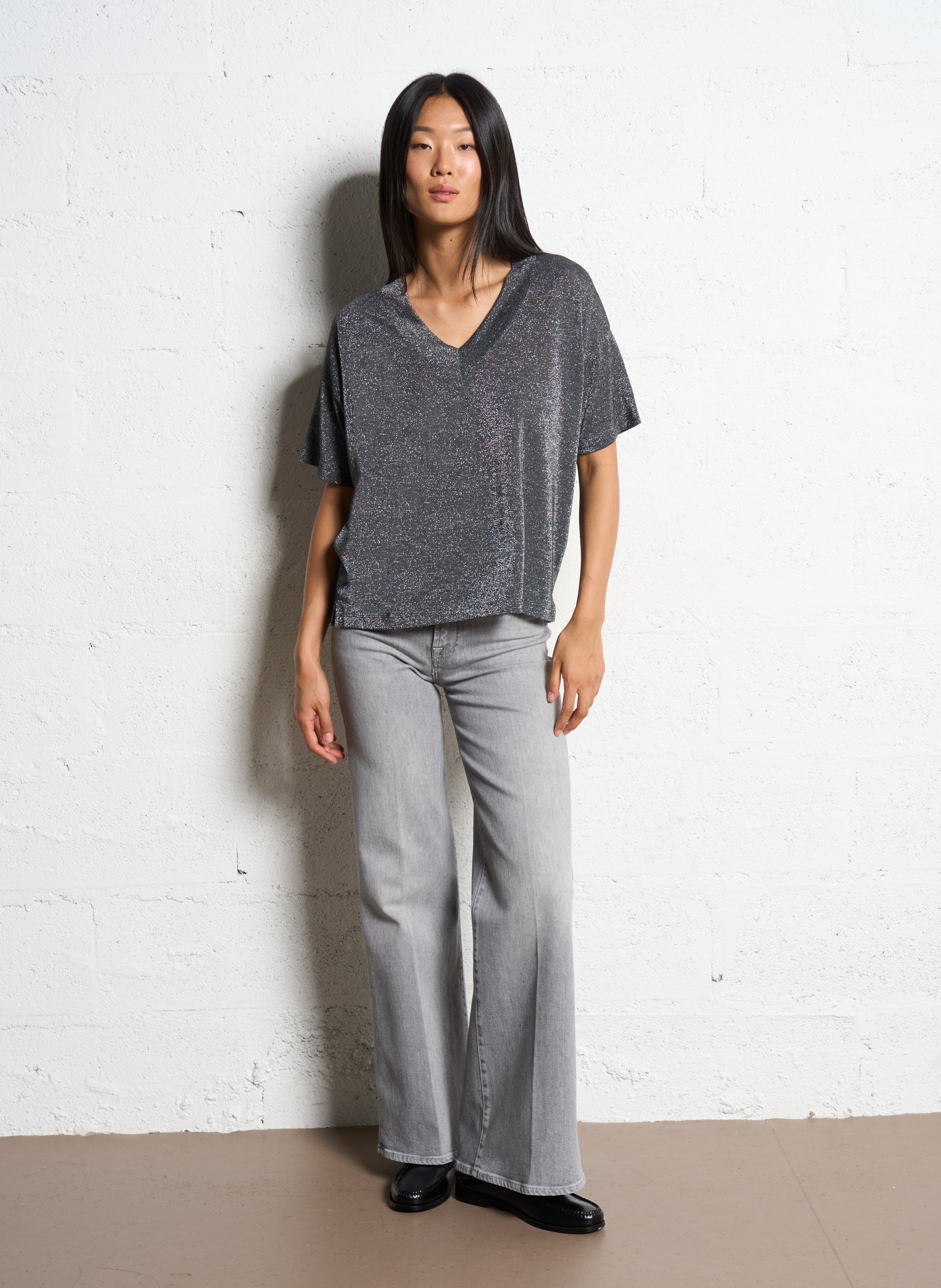 Tee-shirt col v à paillettes MOMONI Argent