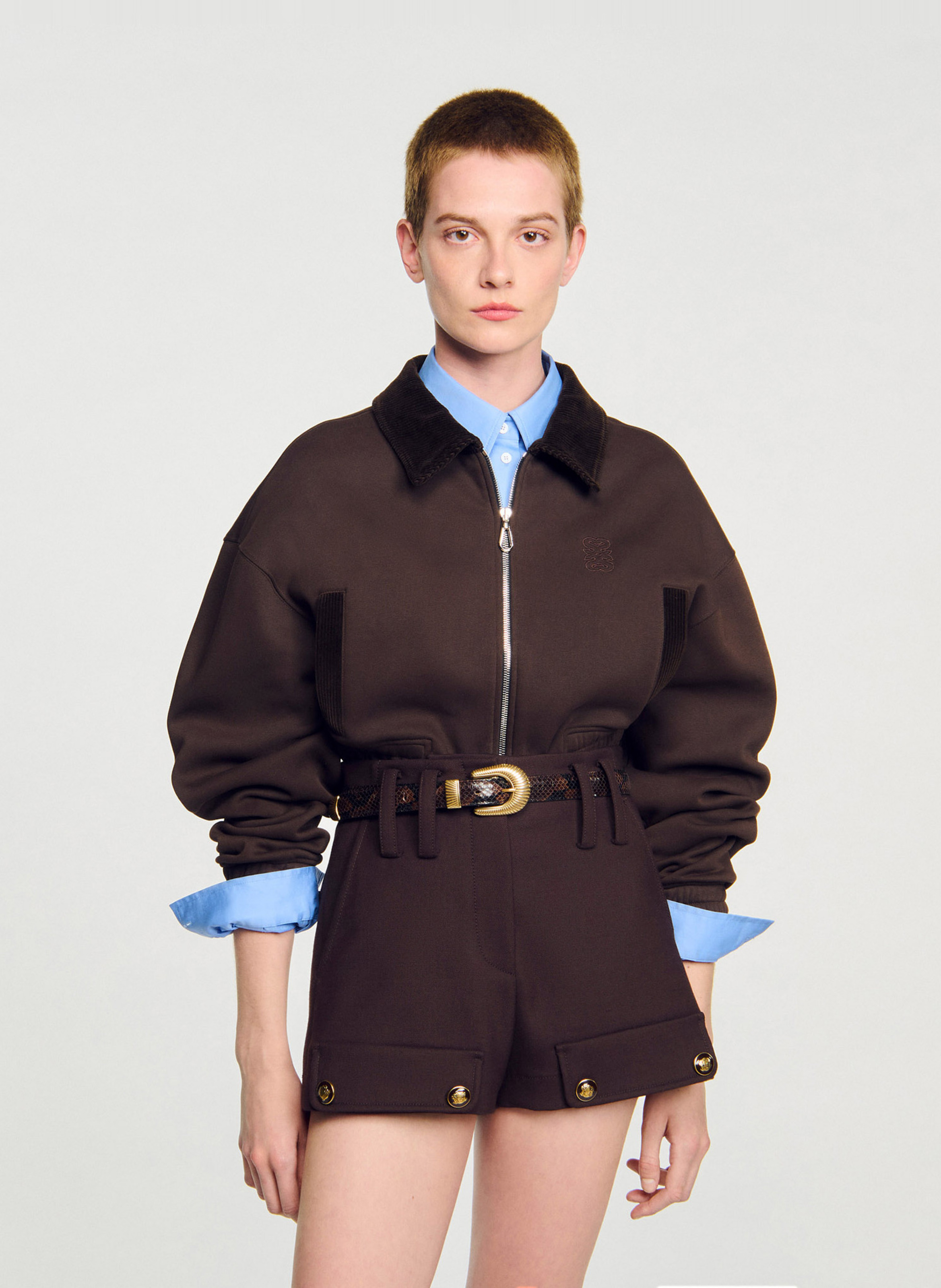 Sweat zippé col classique en coton mélangé SANDRO Marron