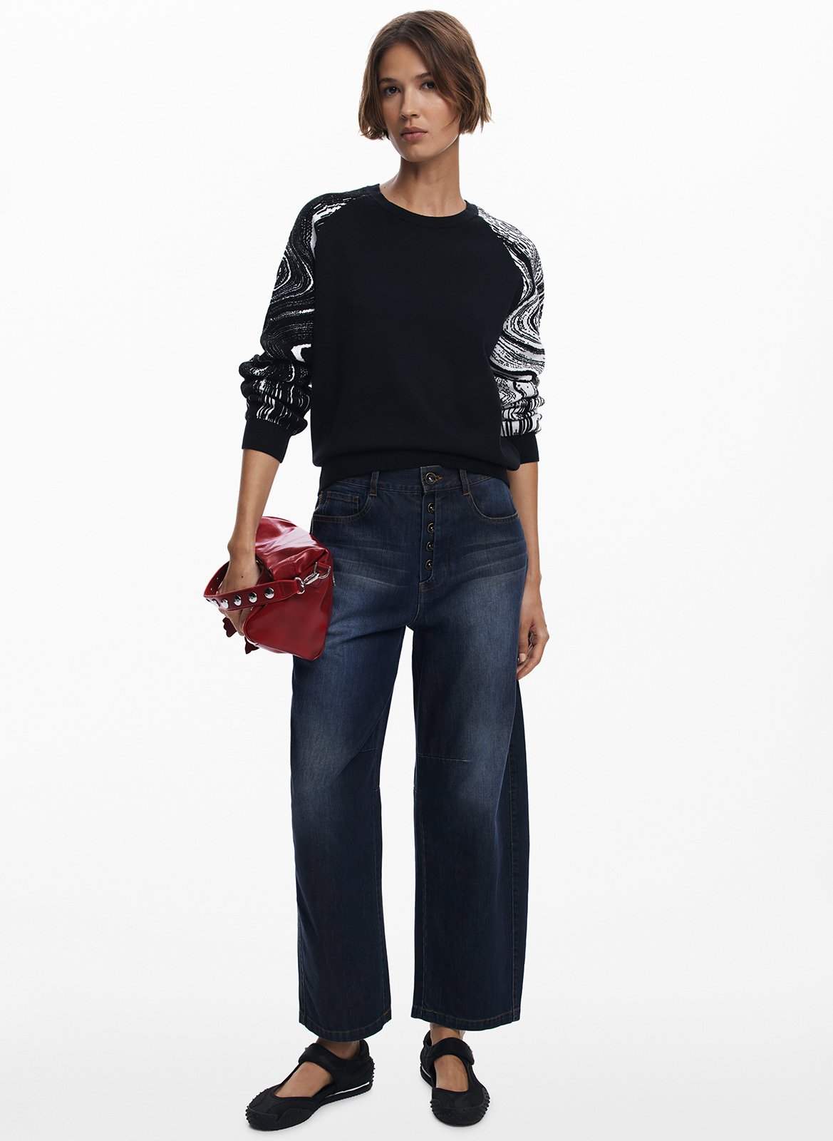 Straight sweater with printed sleeves DESIGUAL Black