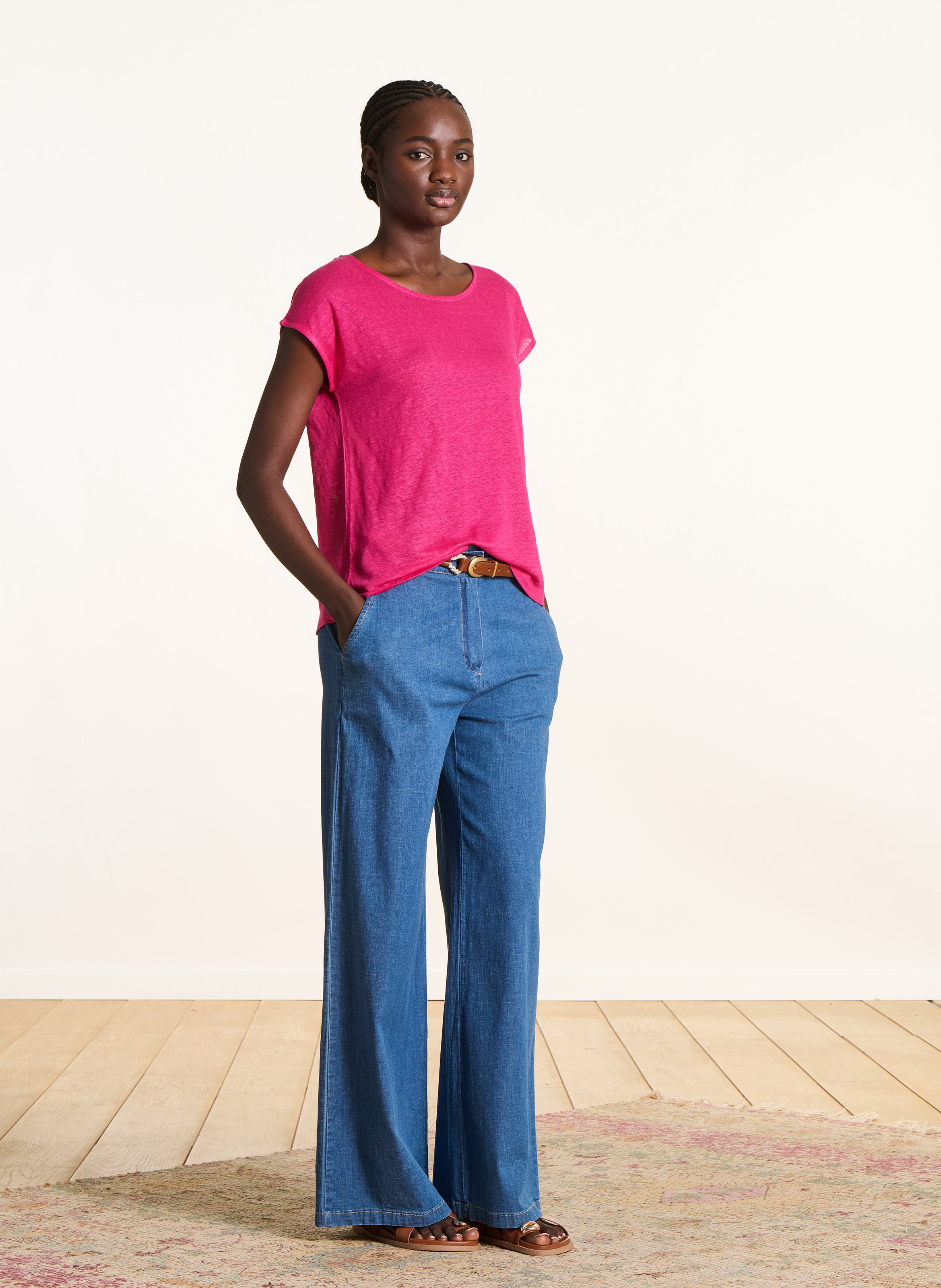Tee-shirt droit chiné en lin Rose