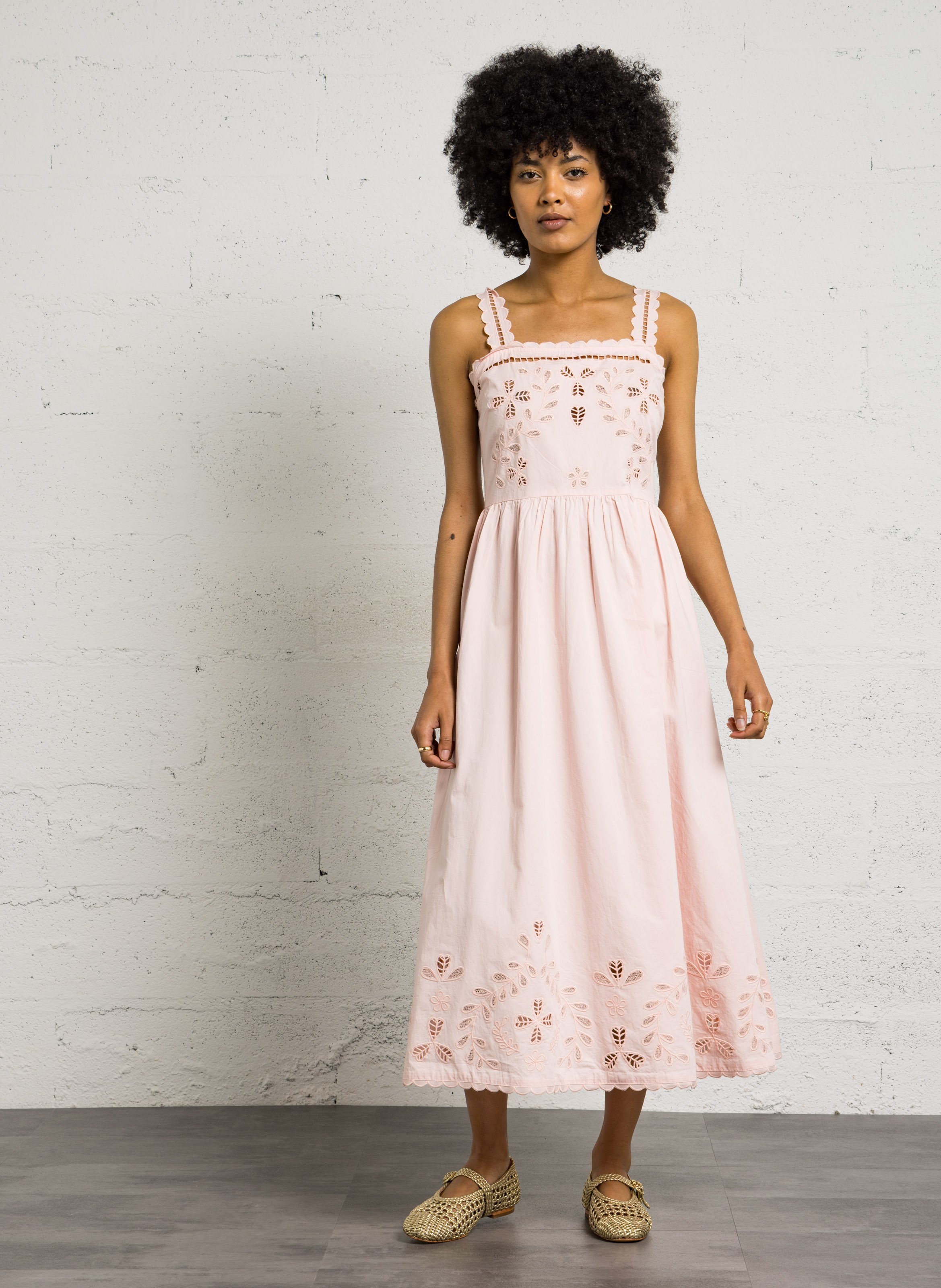 Robe longue col droit en coton BERENICE Rose