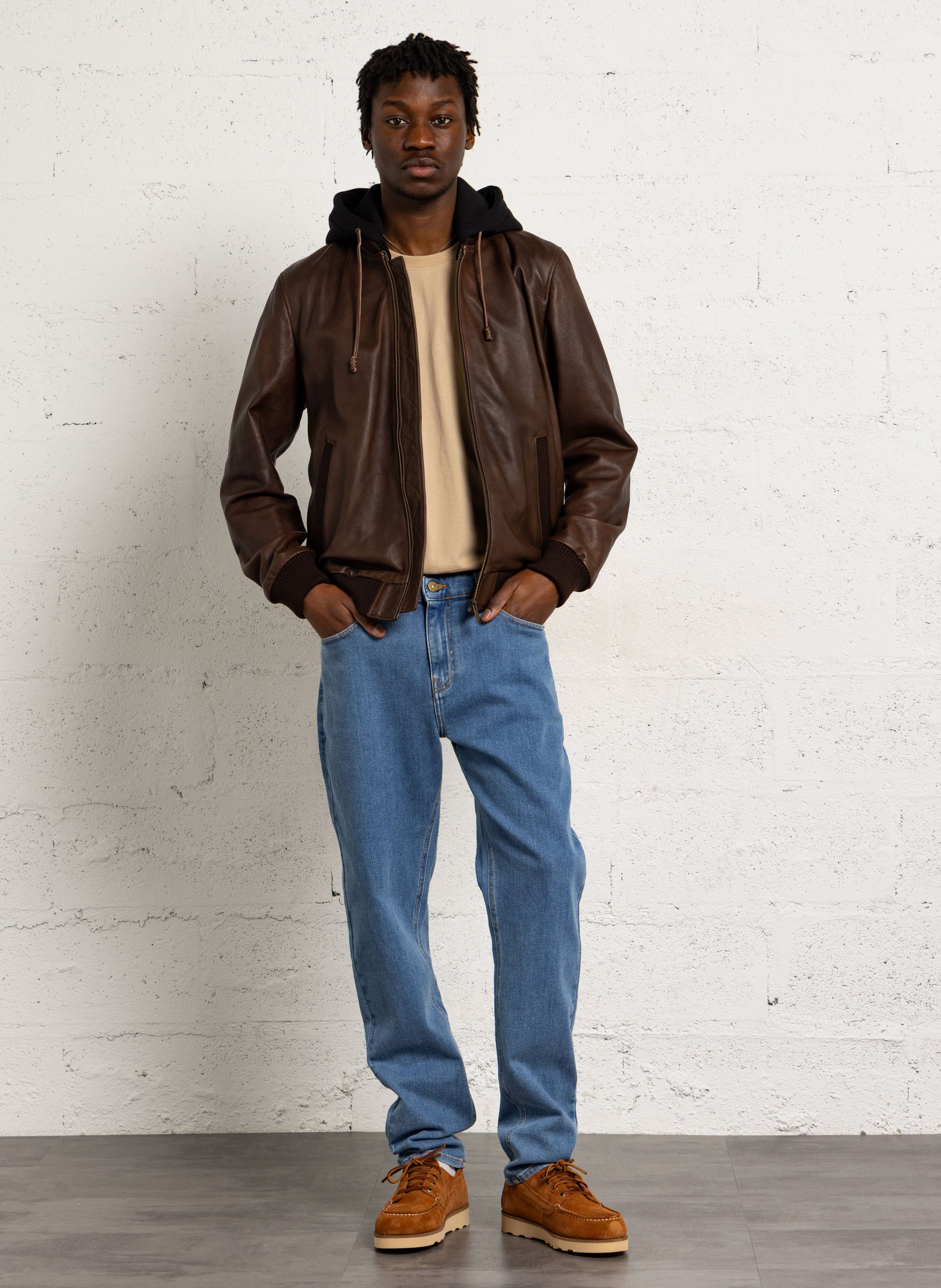 Hooded leather jacket CHEVIGNON Brown