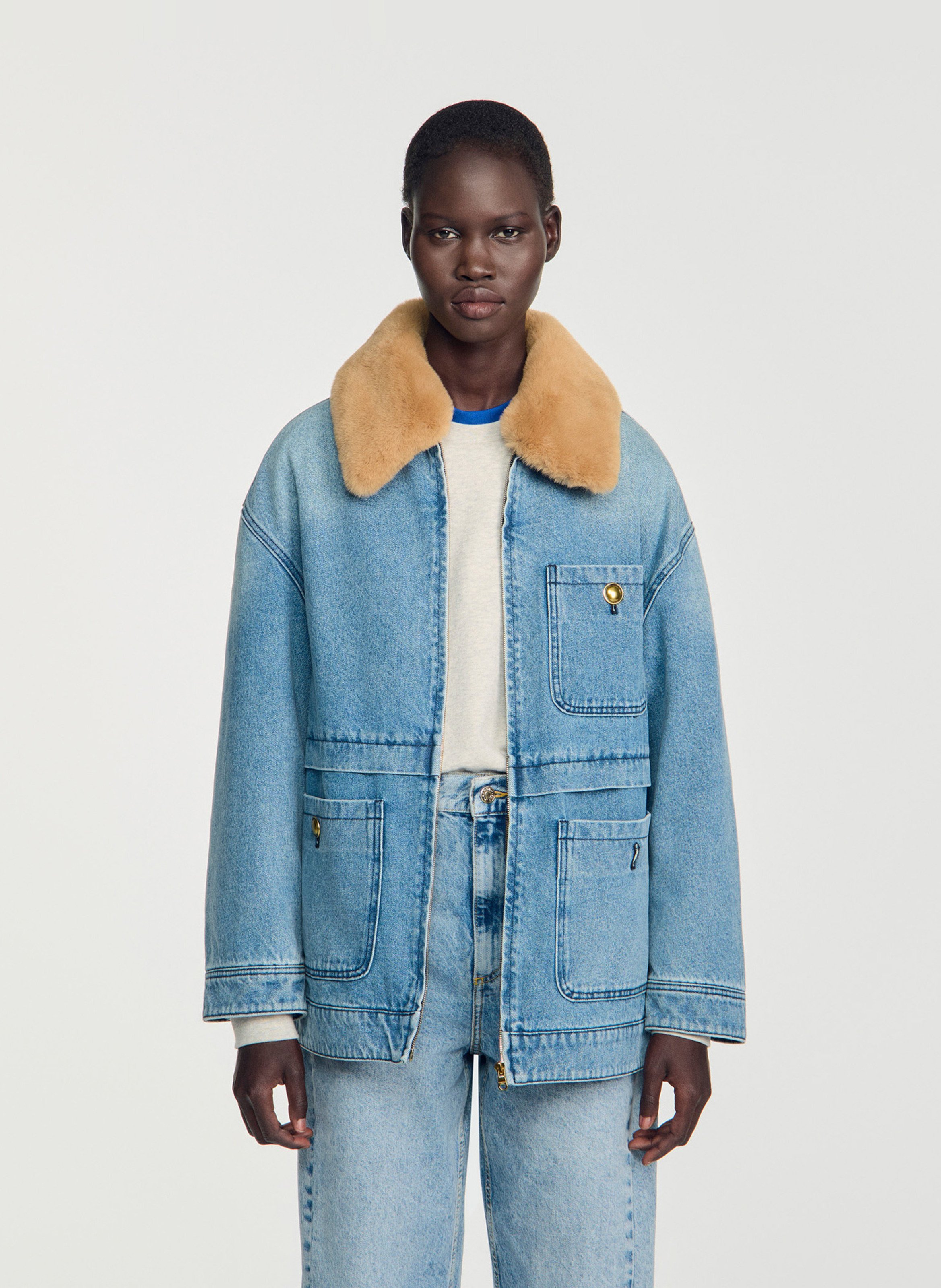 Manteau droit en coton SANDRO Bleu