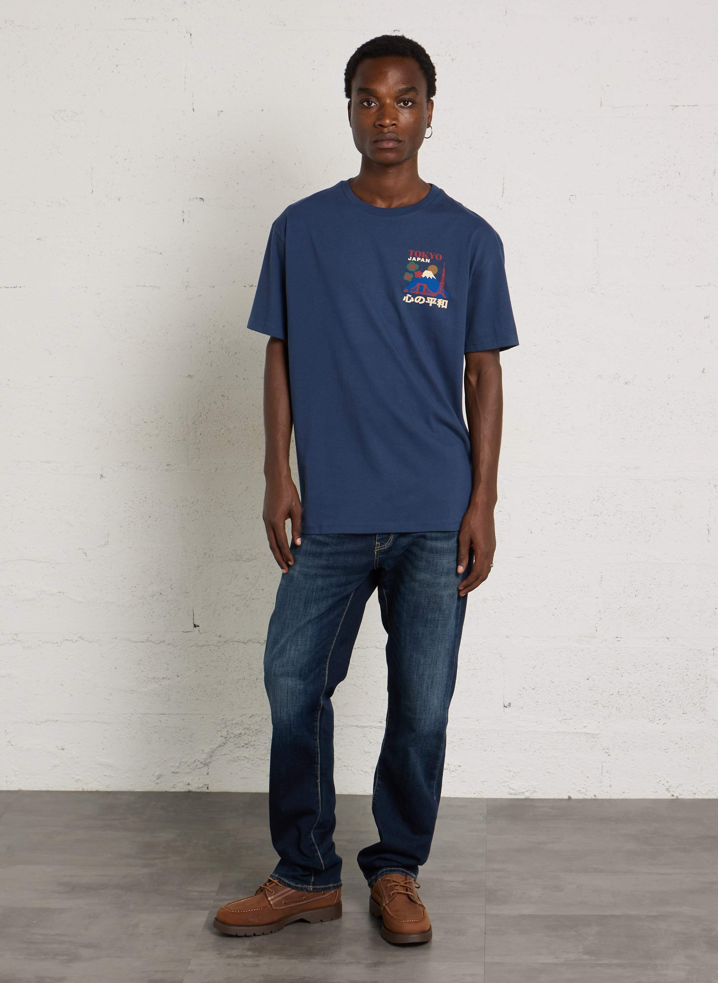 Tee-shirt droit col rond sérigraphié en coton LE TEMPS DES CERISES Bleu