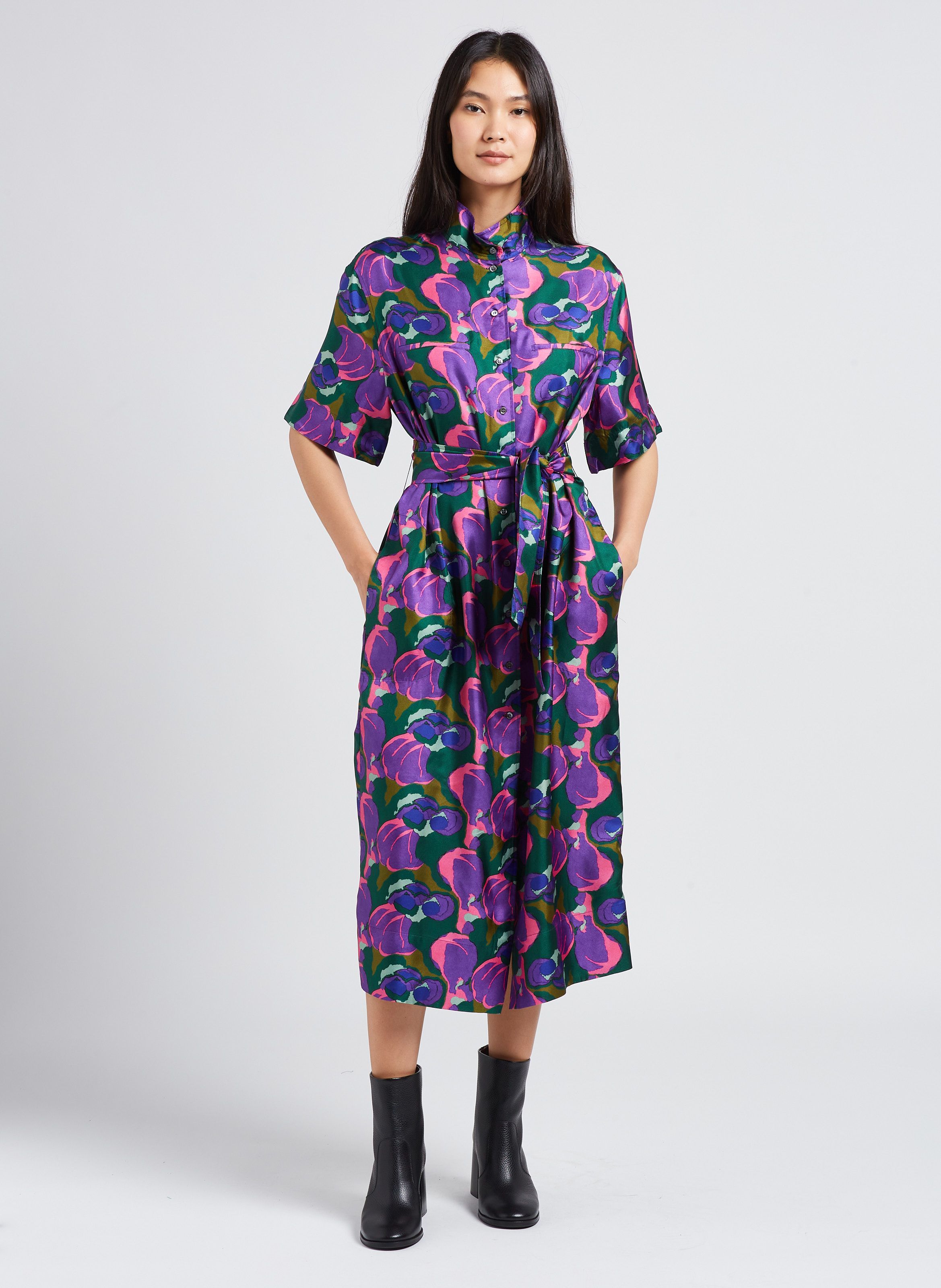 Multicolored Long floral print silk dress with high collar