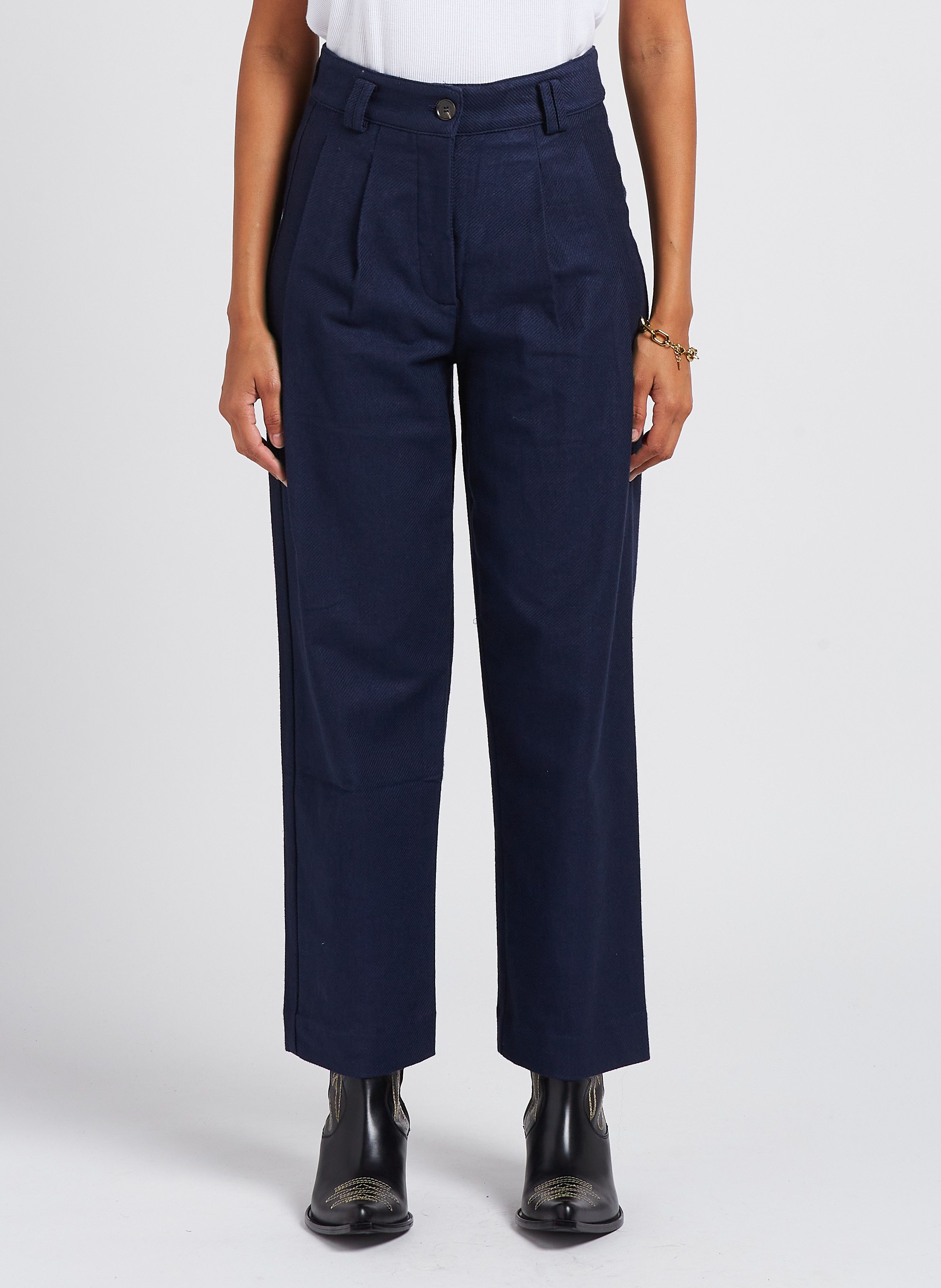 High-waisted Straight-leg Wool-blend Pants Navy See U Soon