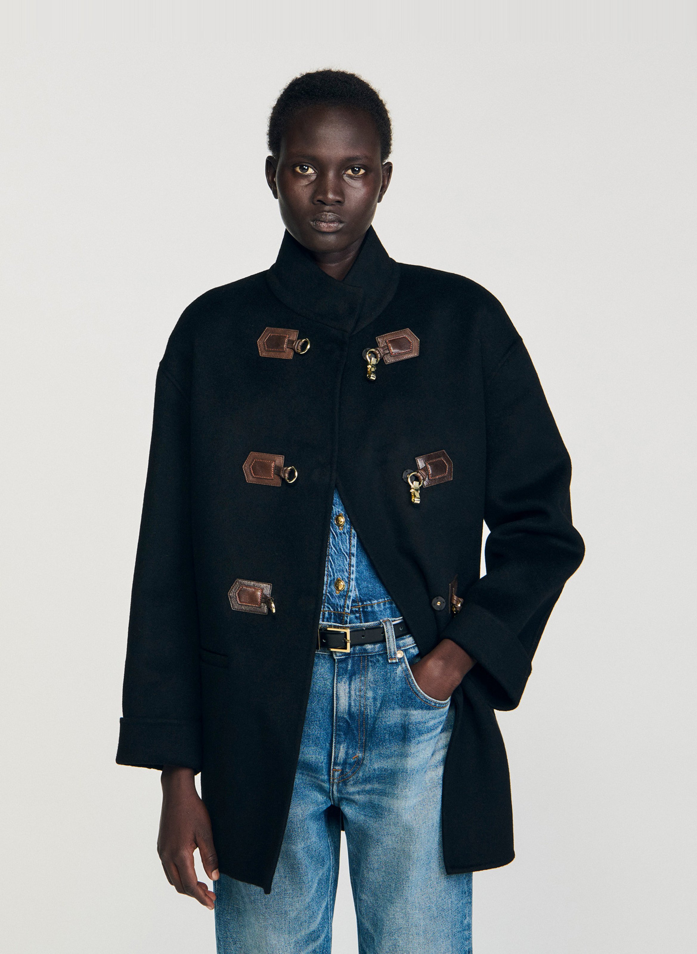 Jas van wol met opstaande kraag SANDRO Zwart