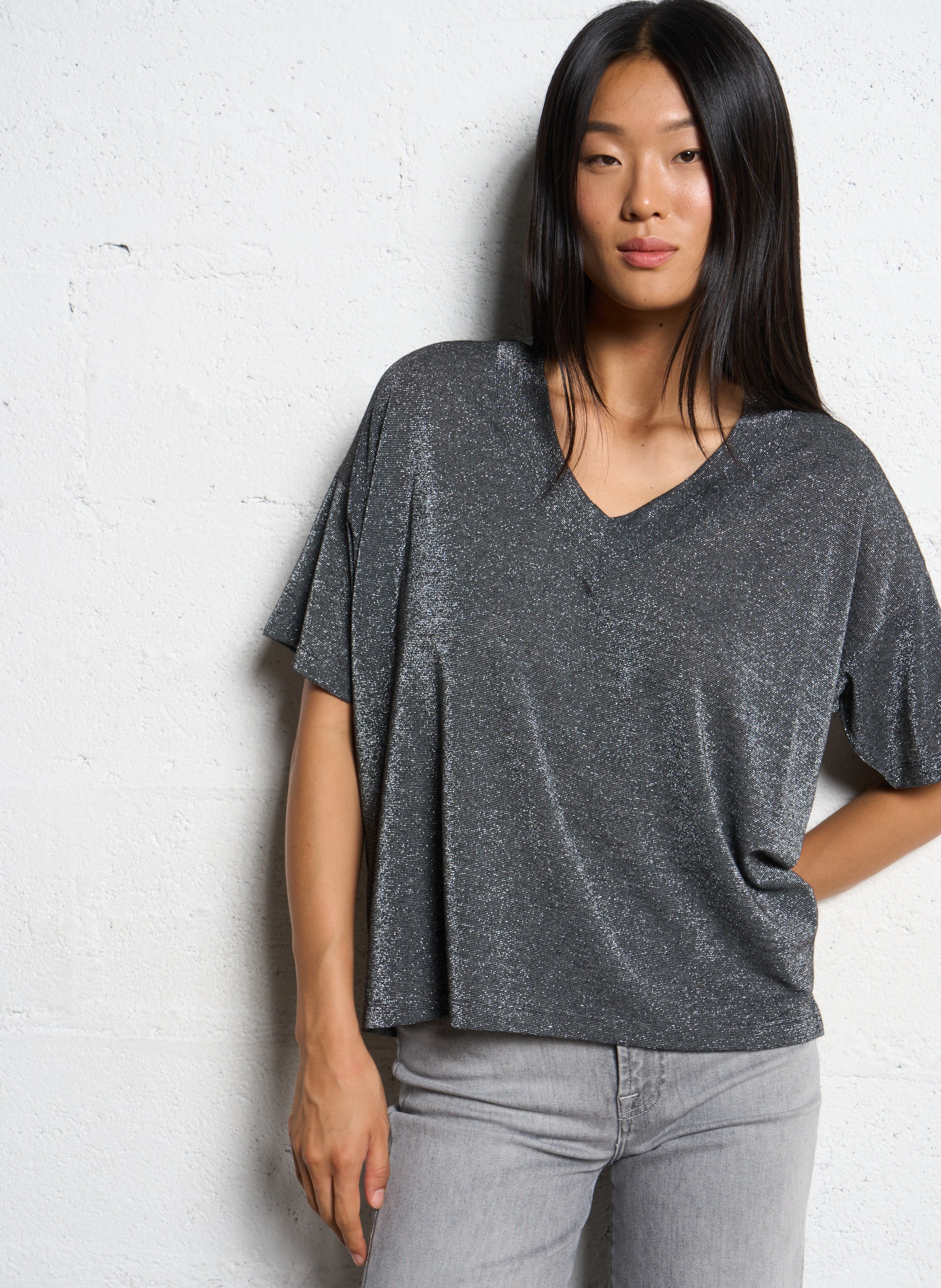 Tee-shirt col v à paillettes MOMONI Argent