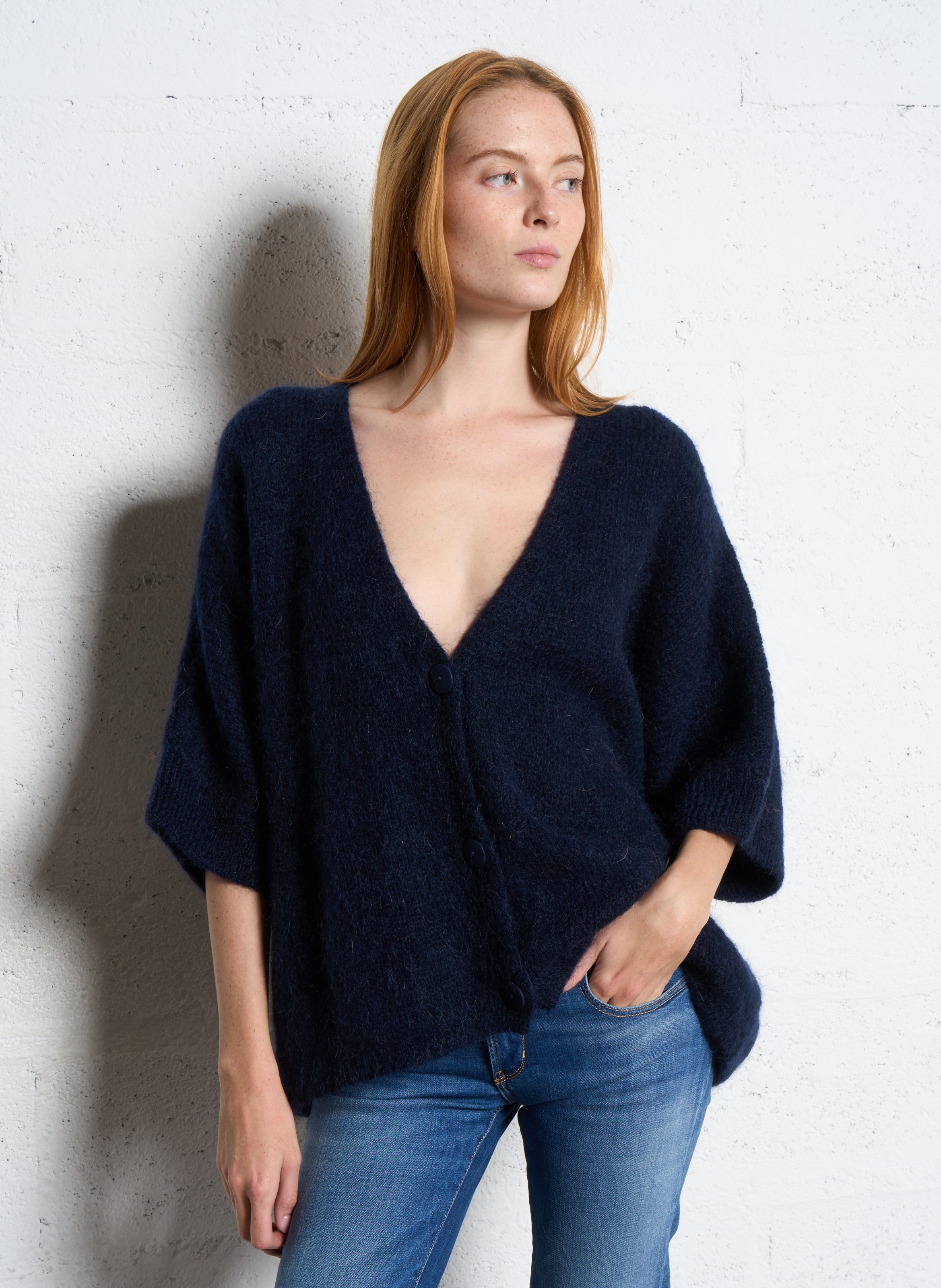 Gilet à col V ample en maille mélangée PLEASE