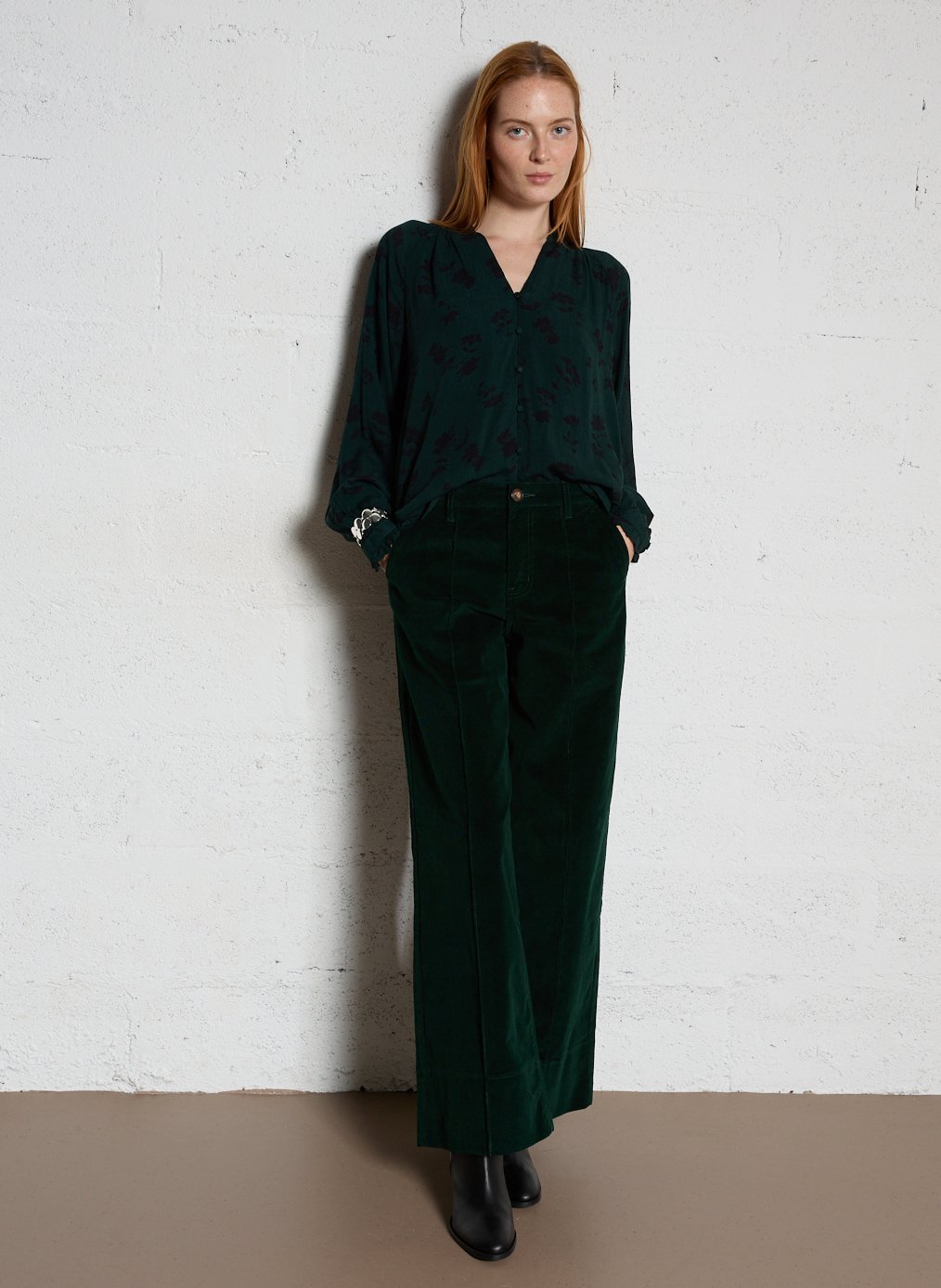 Wide-leg high-waisted cotton-blend pants - Look 1