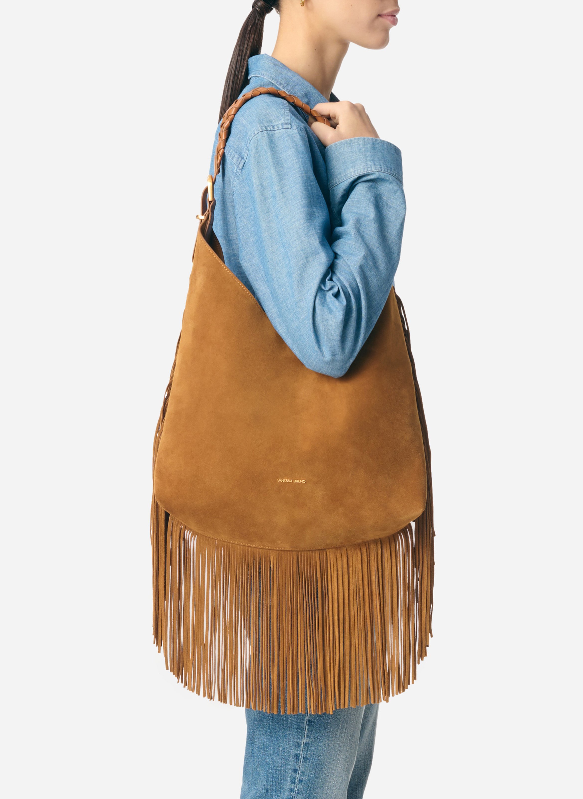 Sac hobo à franges en cuir souple VANESSA BRUNO Marron