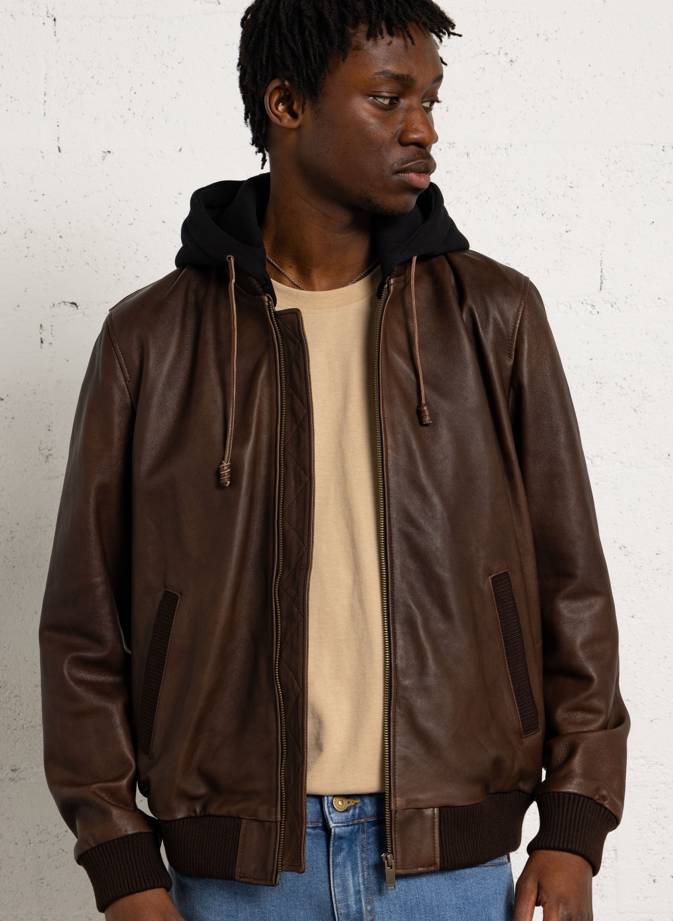 Hooded leather jacket CHEVIGNON Brown