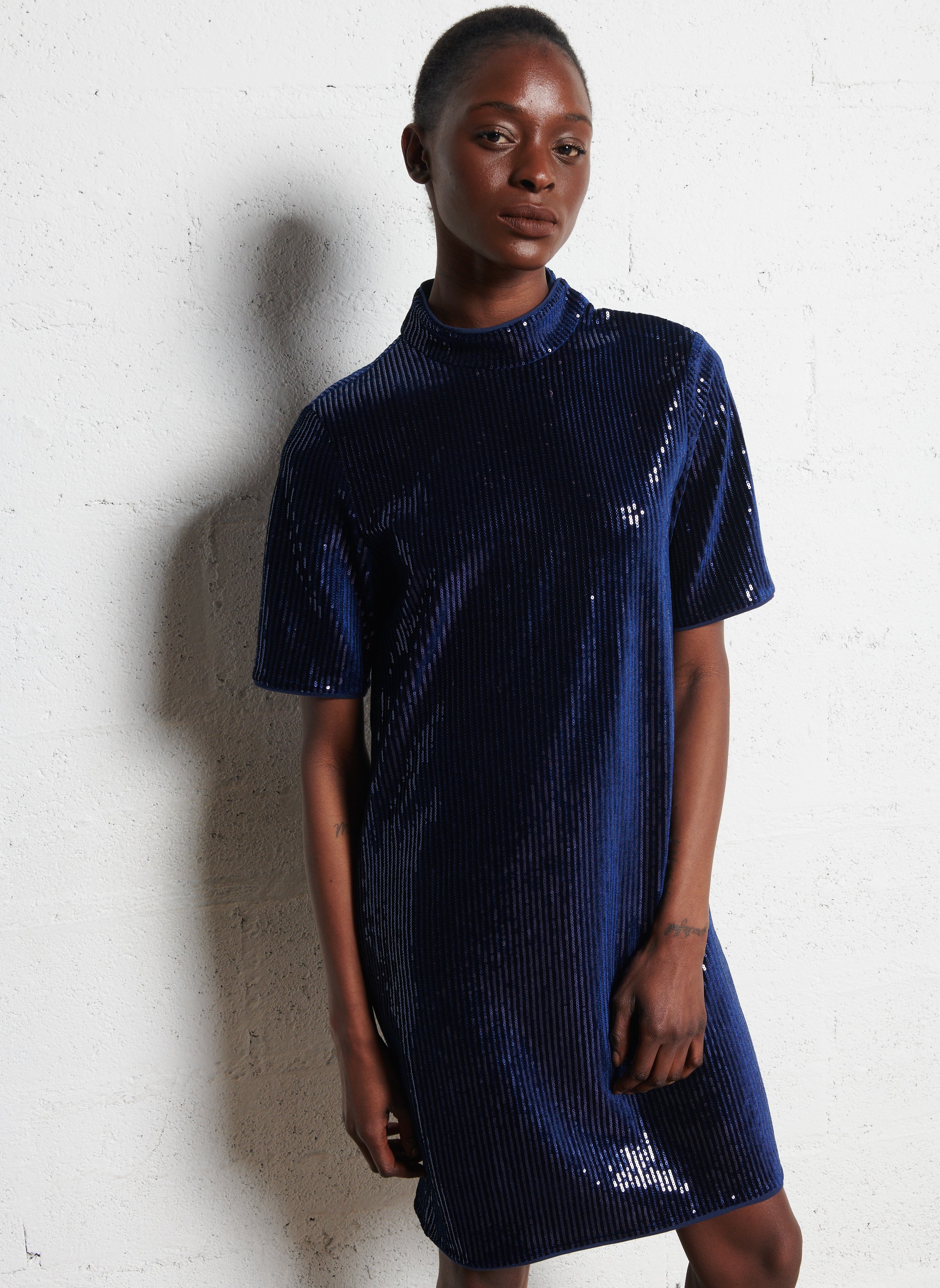 Robe courte col montant à sequins  ONE STEP Bleu