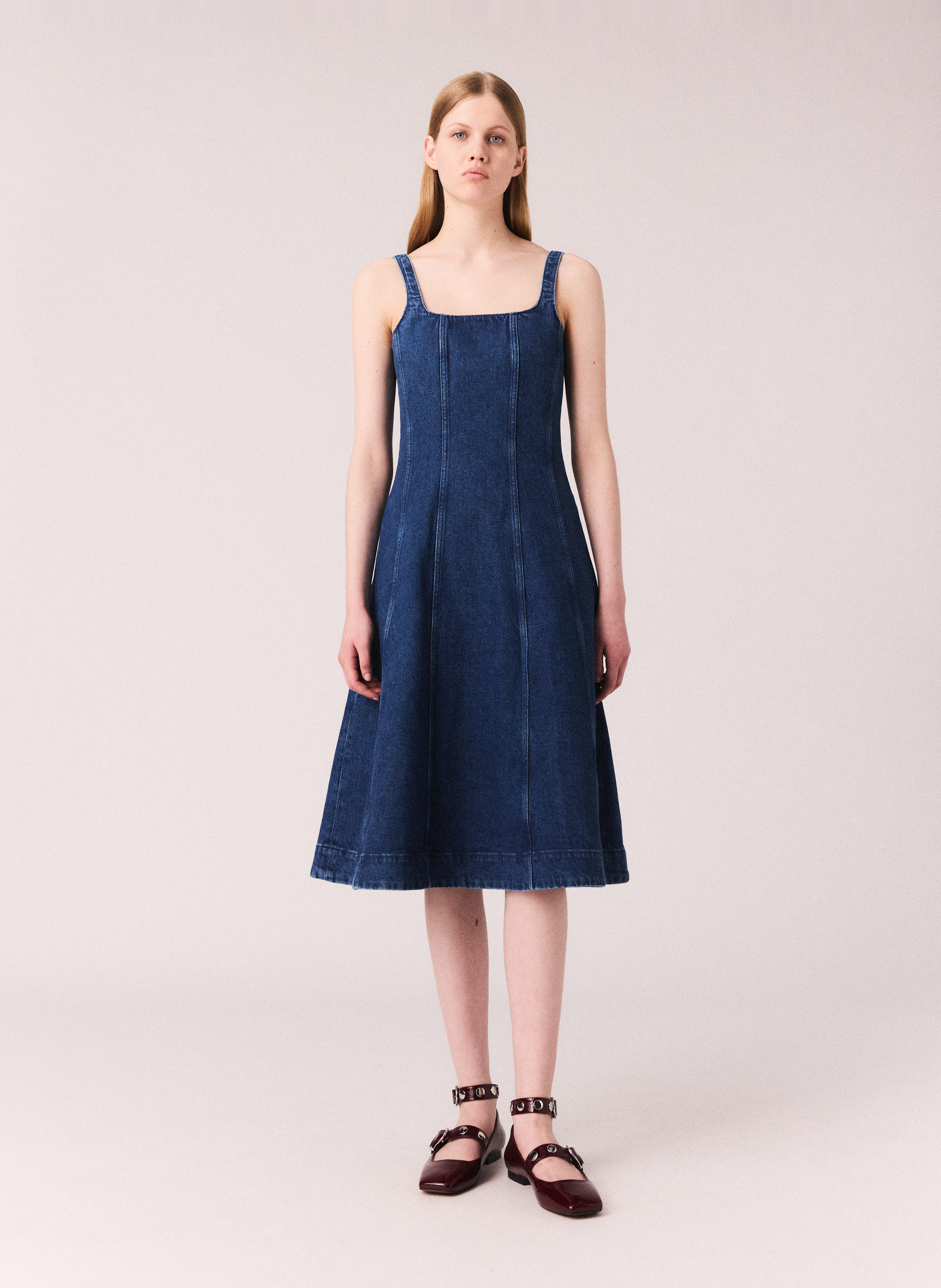 Midi square-neck cotton blend denim dress MAJE Blue