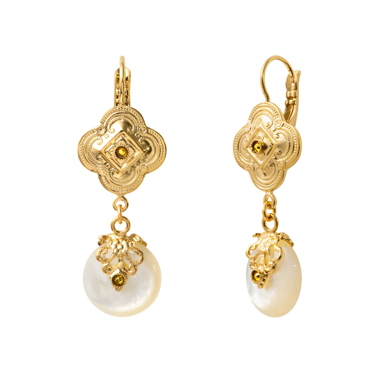 Boucles d'oreilles dormeuses positano nacre blanche et cristaux SATELLITE PARIS Blanc