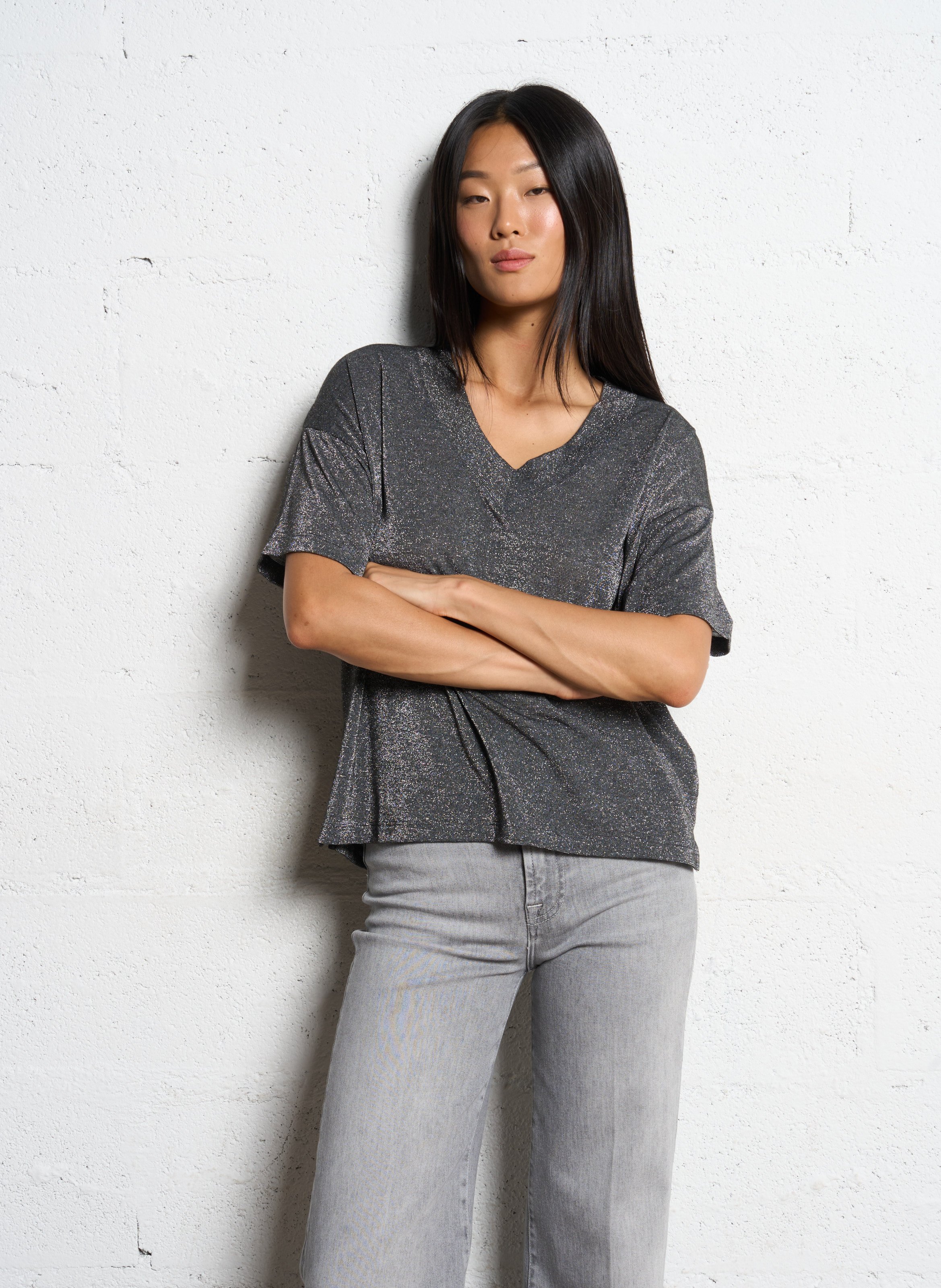 Tee-shirt col v à paillettes MOMONI Argent