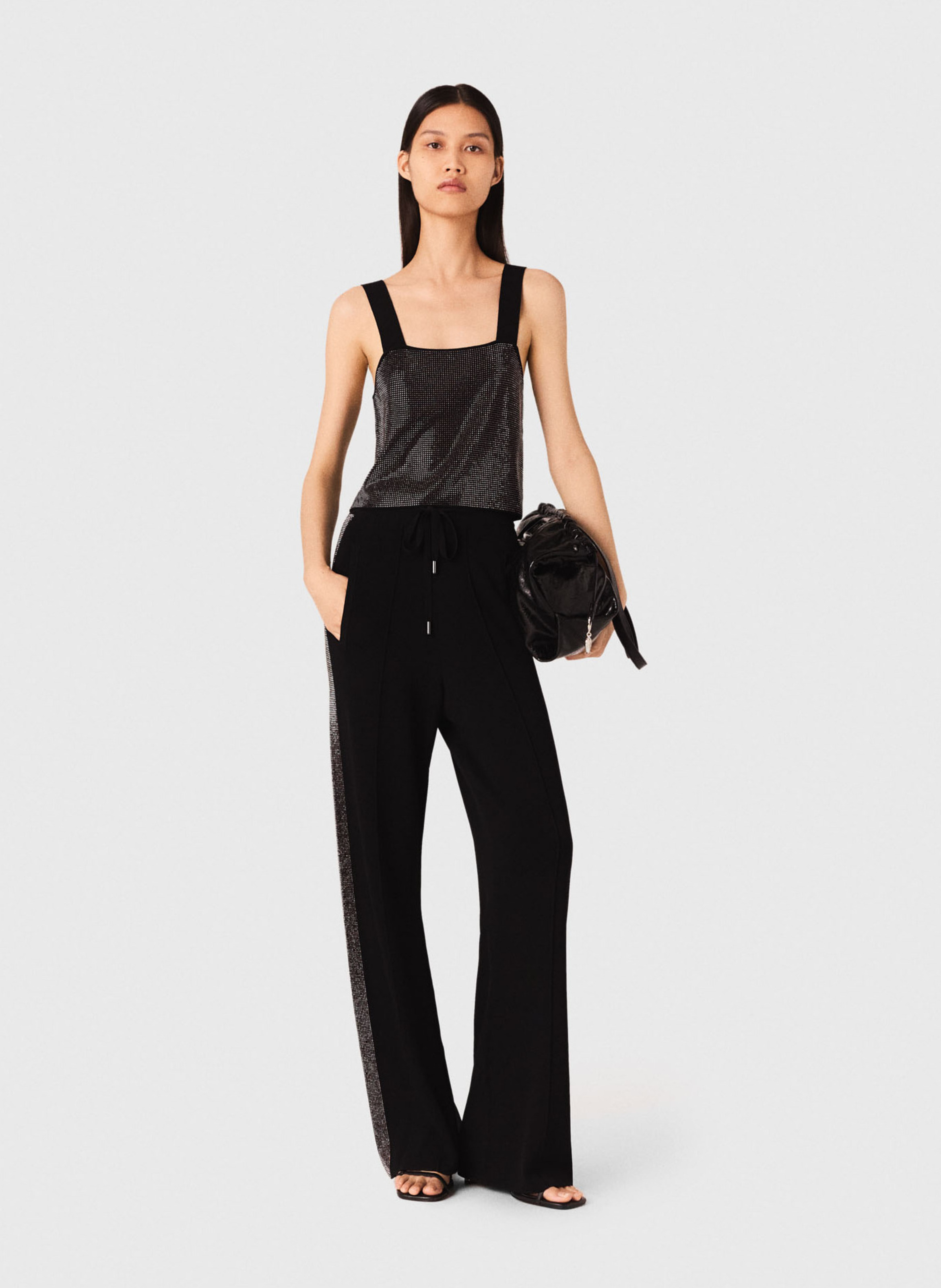 Top court col carré à strass MAJE Noir