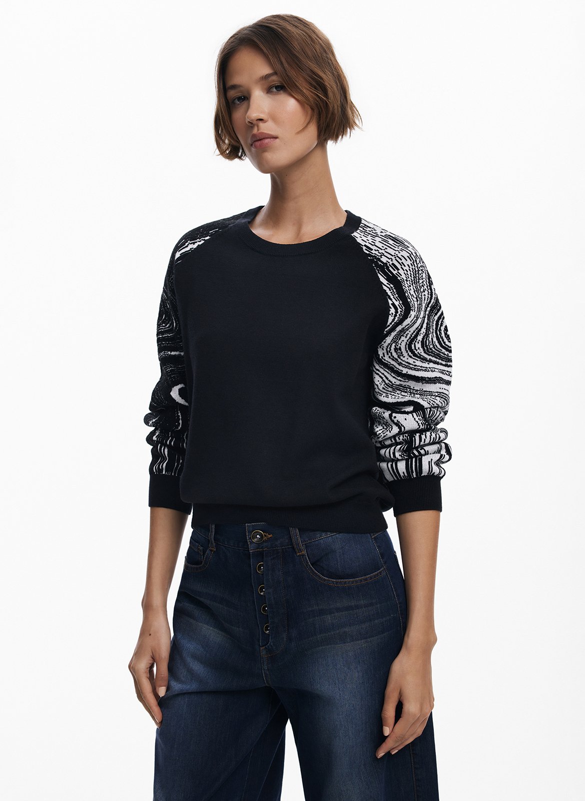 Straight sweater with printed sleeves DESIGUAL Black