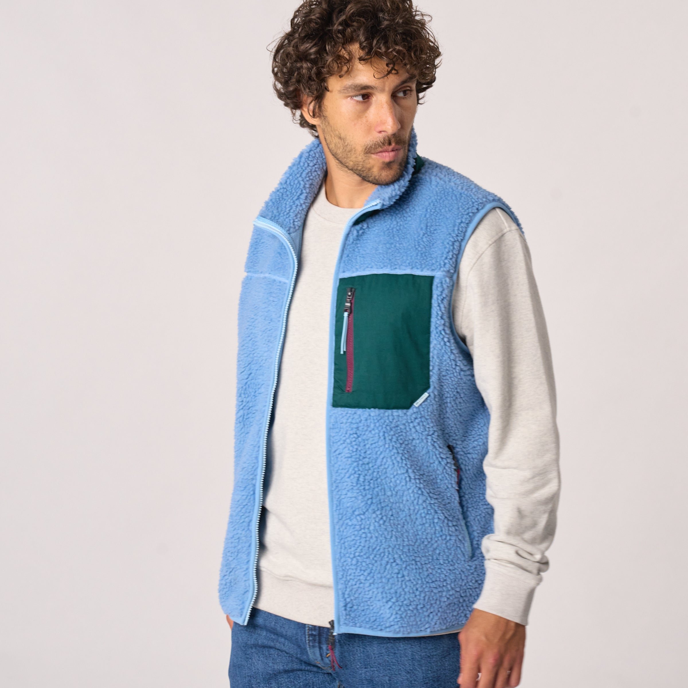 Sleeveless Sherpa Zip-Up Vest Blue