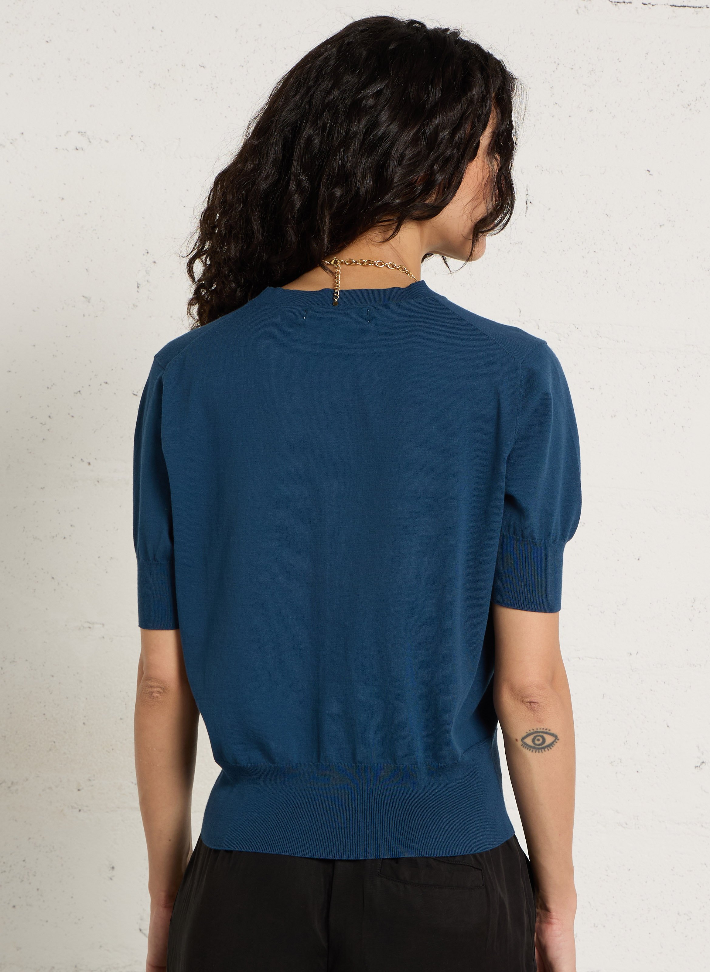 Gilet droit col V brodé en coton NICE THINGS Bleu