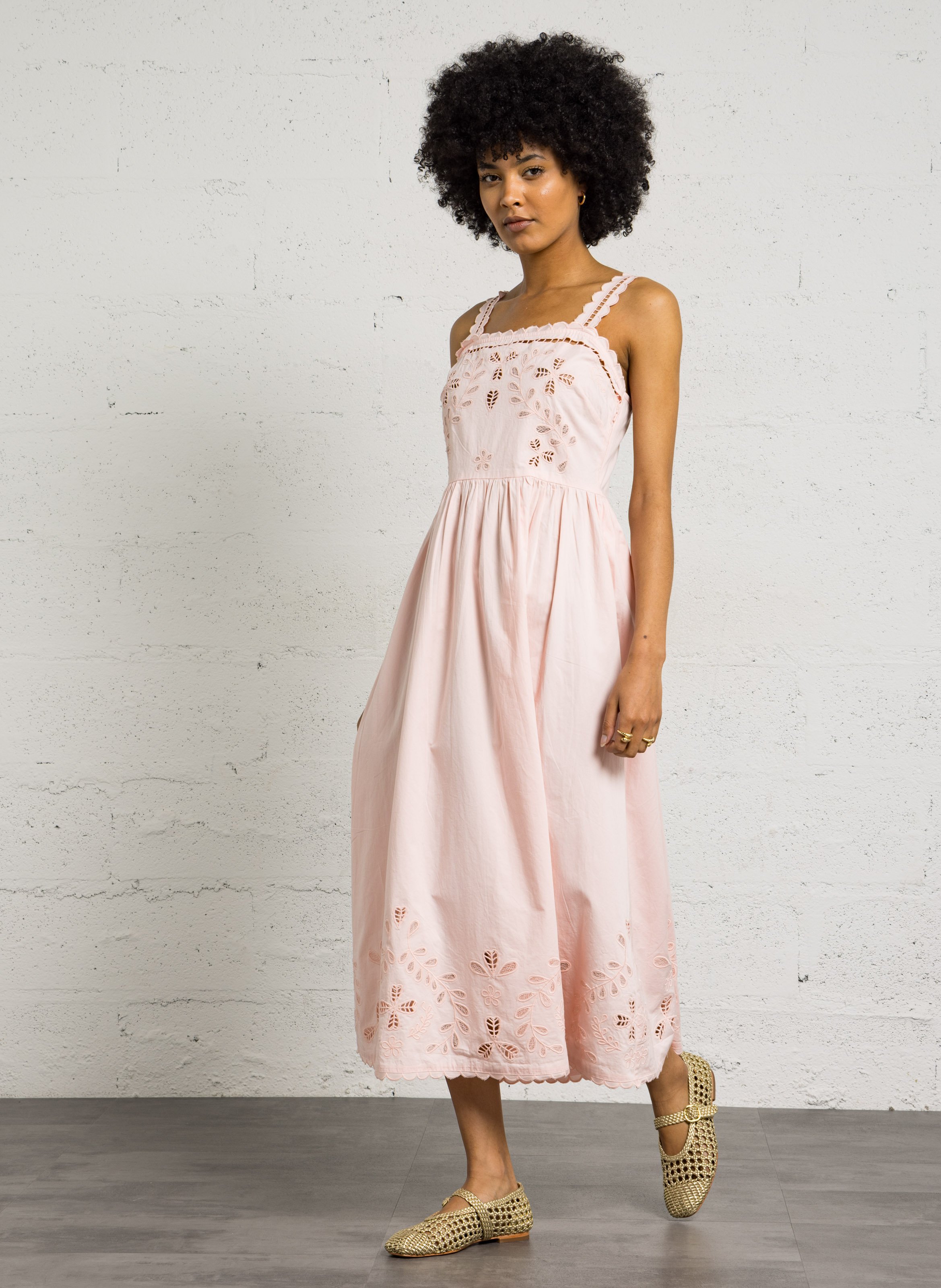 Robe longue col droit en coton BERENICE Rose