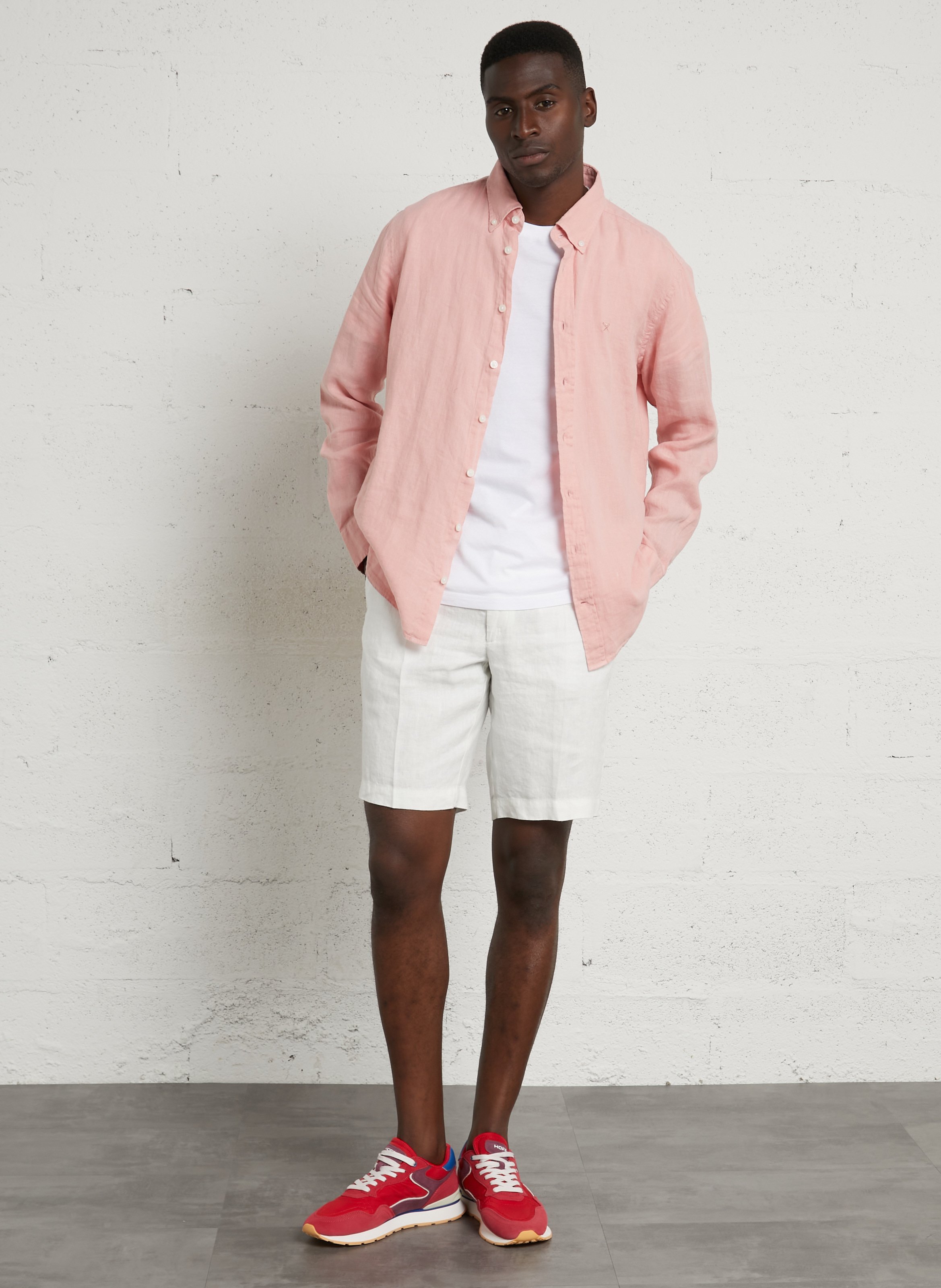 Chemise tailored-fit col américain brodée en lin HACKETT Rose