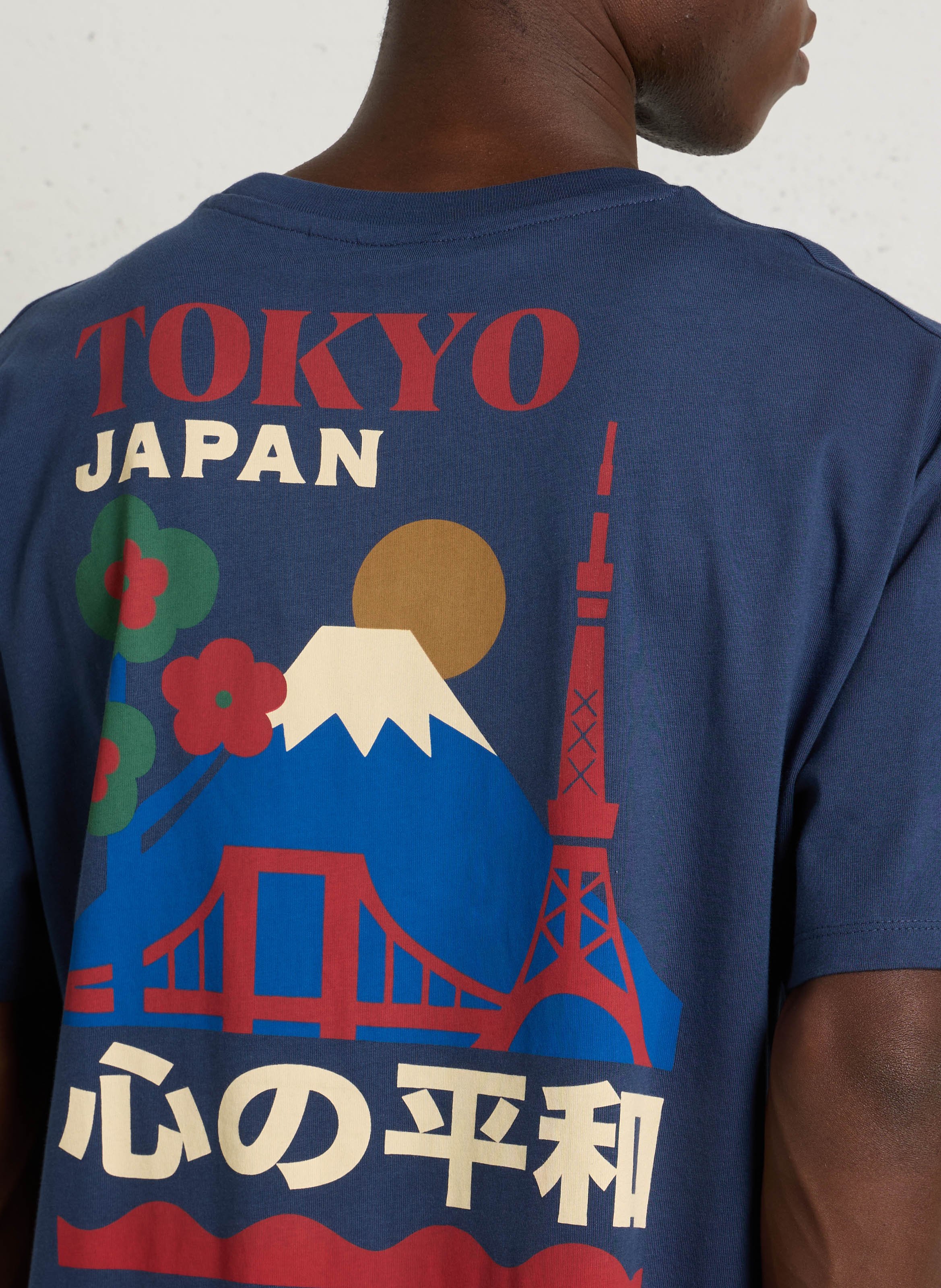 Tee-shirt droit col rond sérigraphié en coton LE TEMPS DES CERISES Bleu