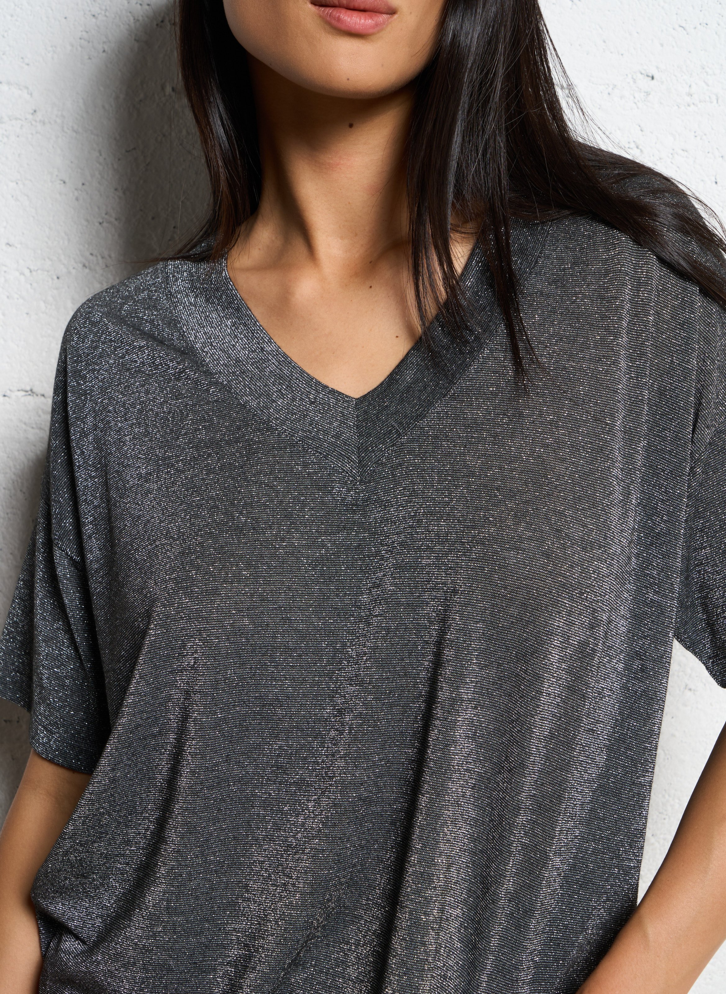 Tee-shirt col v à paillettes MOMONI Argent