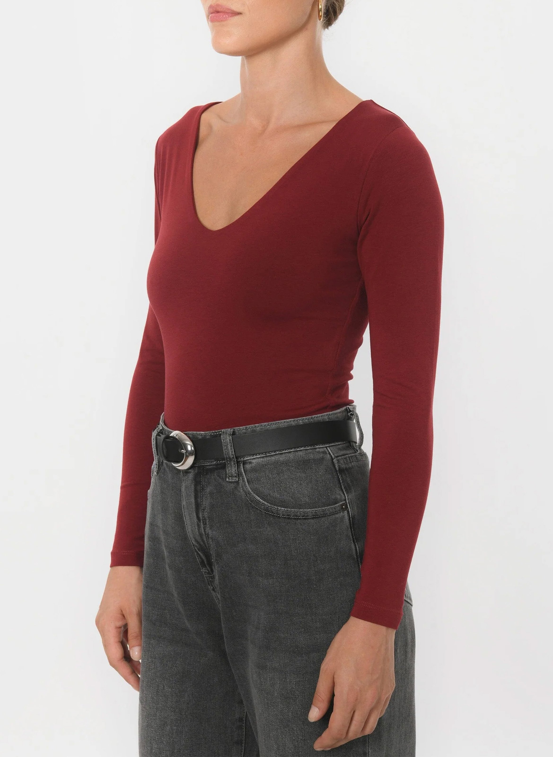 Tee-shirt moulant col V en coton mélangé KOOKAI Rouge