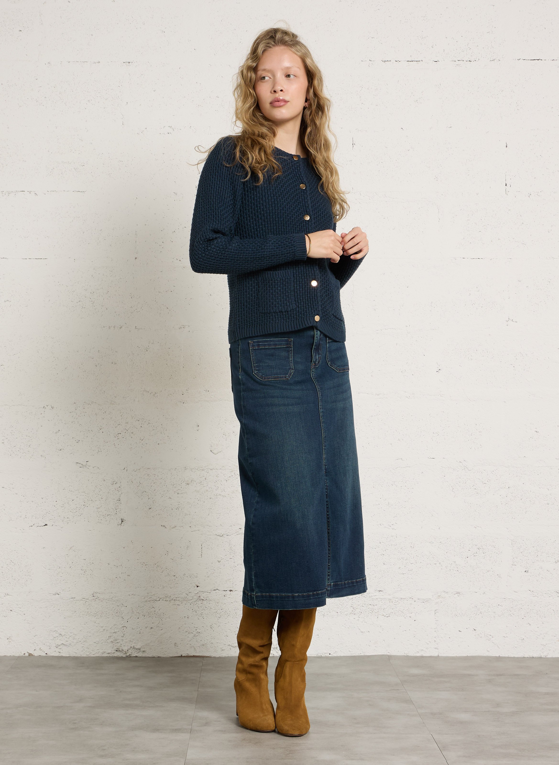 Round-neck straight cotton blend cardigan SUD EXPRESS Blue