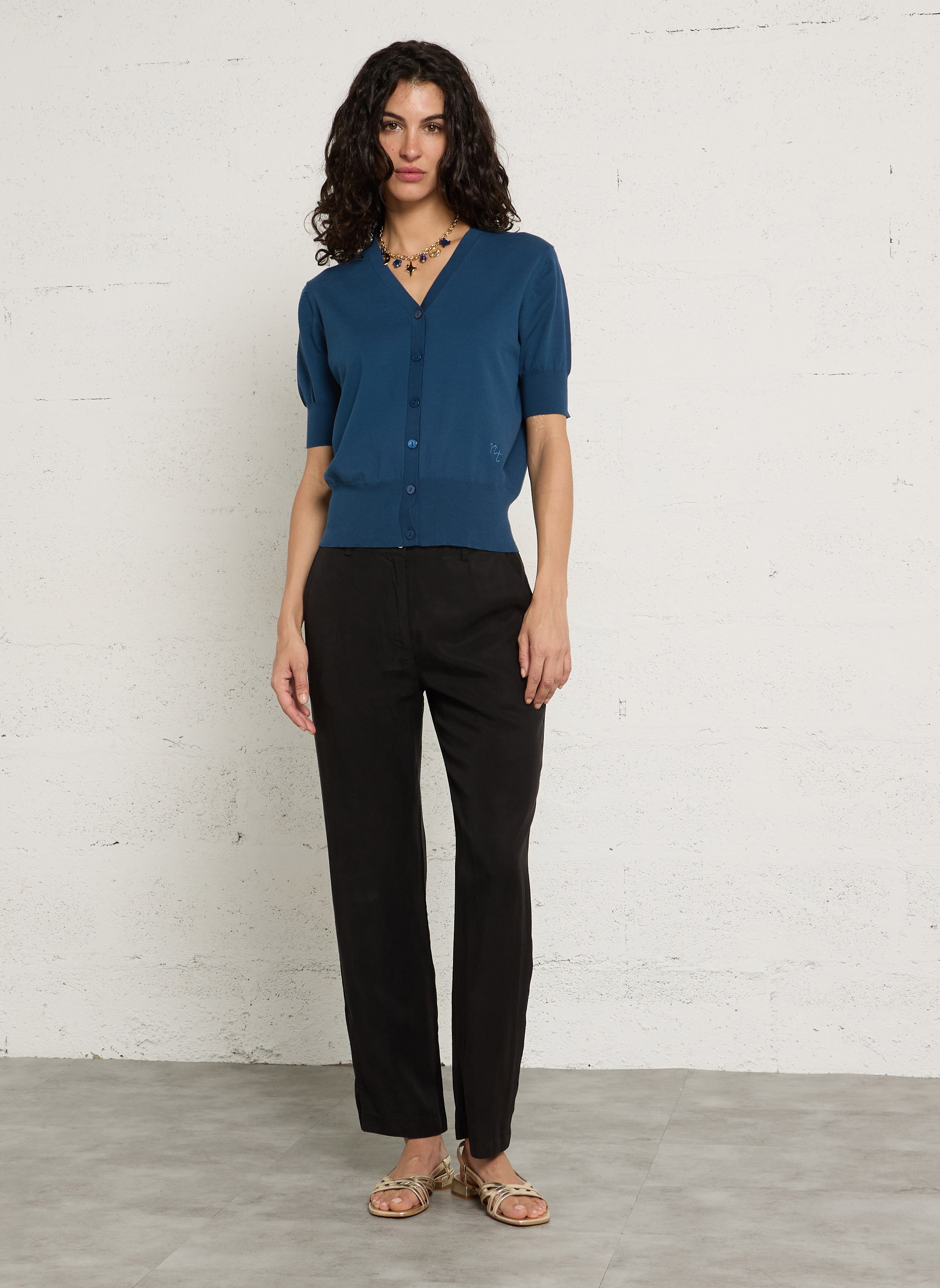 Gilet droit col V brodé en coton NICE THINGS Bleu