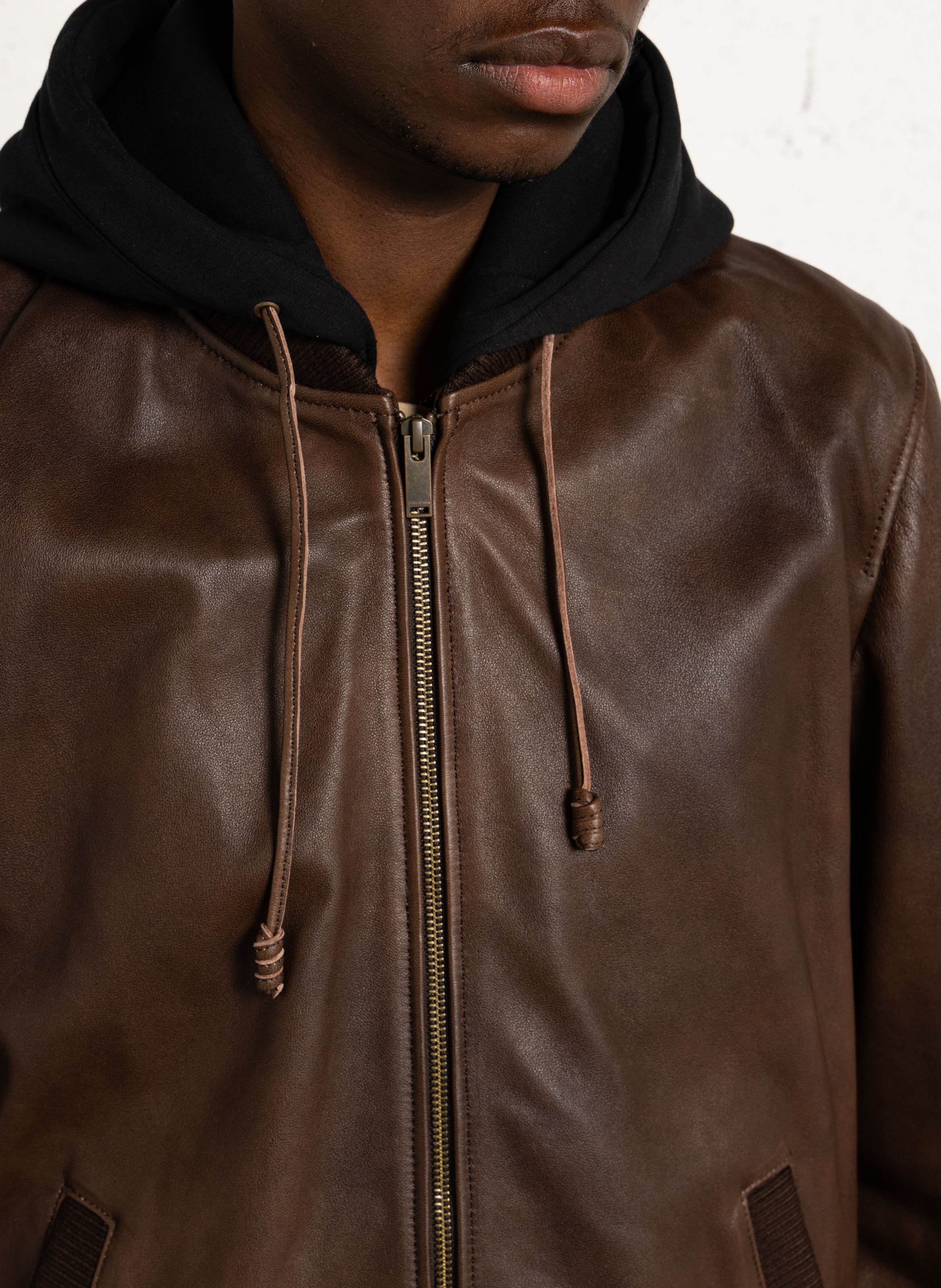 Hooded leather jacket CHEVIGNON Brown