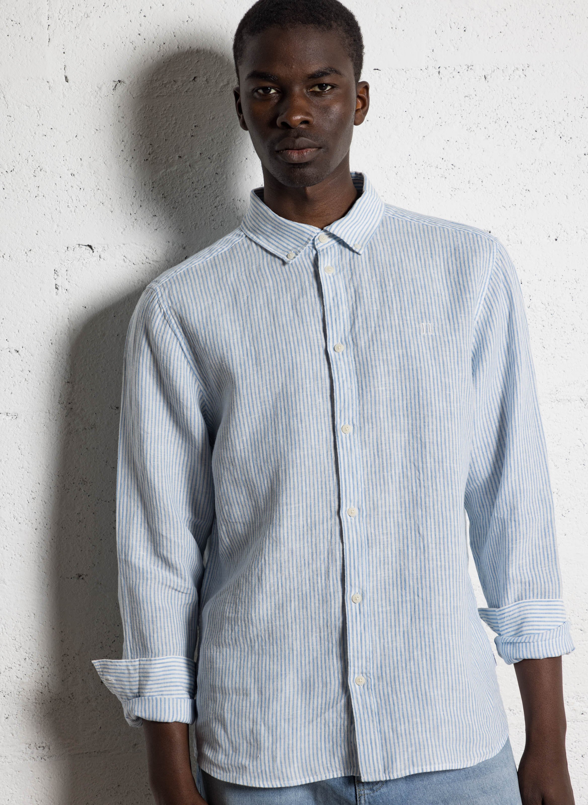 Linen striped classic collar shirt LES DEUX Blue