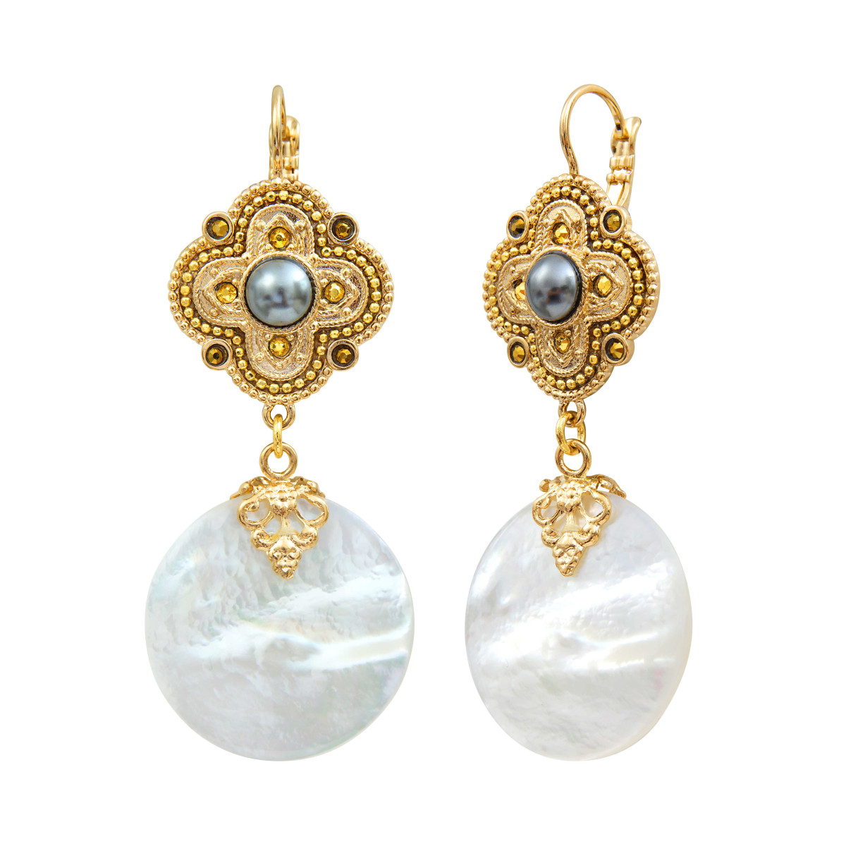 Boucles d'oreilles dormeuses pendantes positano nacre et cabochon nacré SATELLITE PARIS Blanc