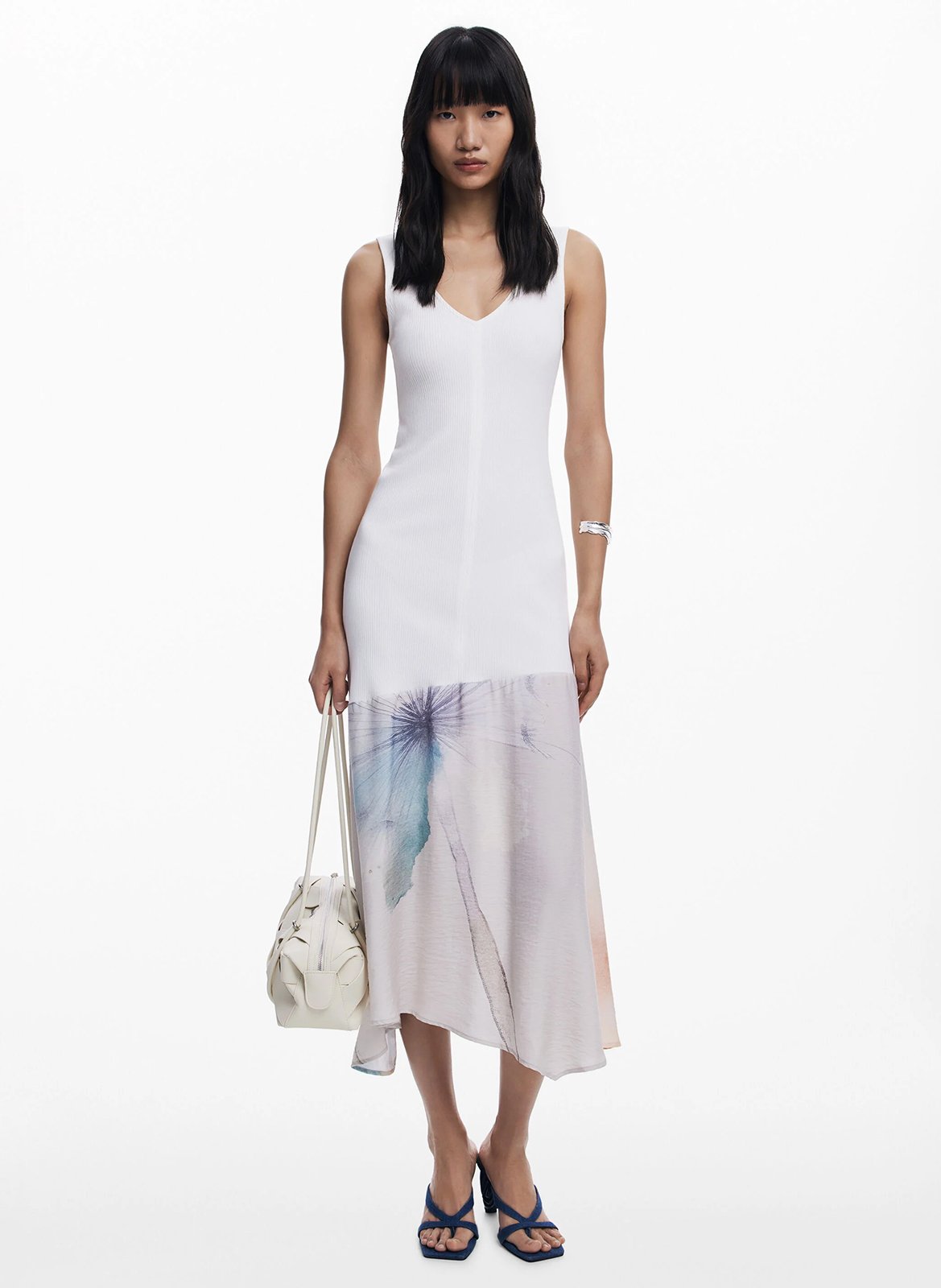 Robe midi col V en coton mélangé DESIGUAL Blanc