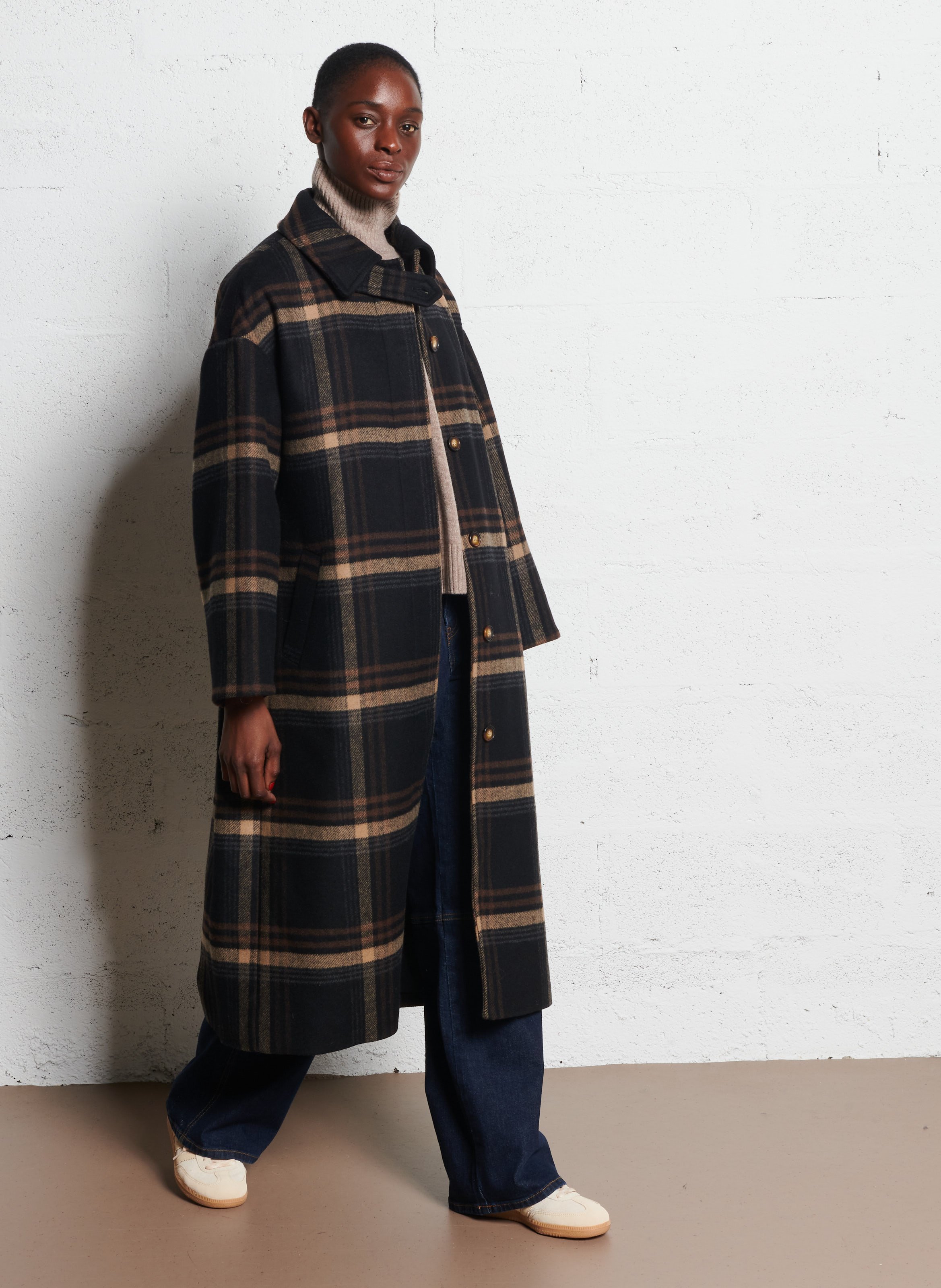 Manteau long droit à carreaux DES PETITS HAUTS Multicolore