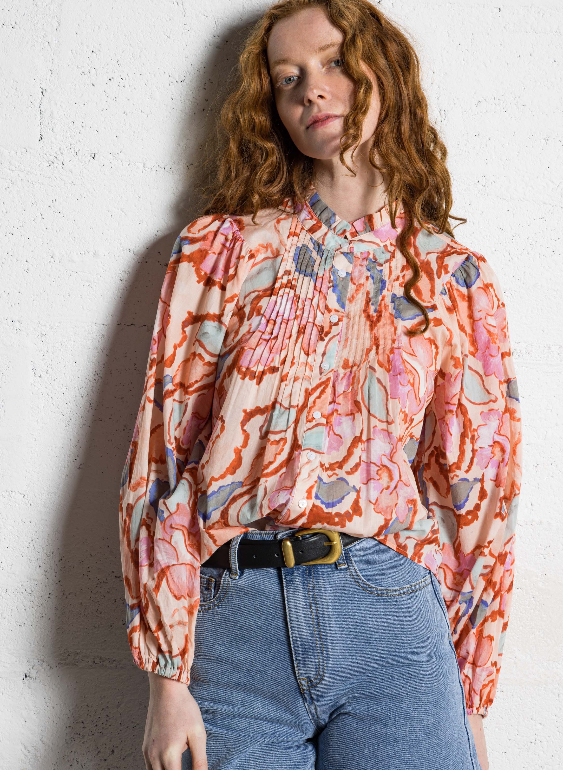 Rundhalsausschnitt-Bluse aus Bio-Baumwolle mit Print SUNCOO Rosa