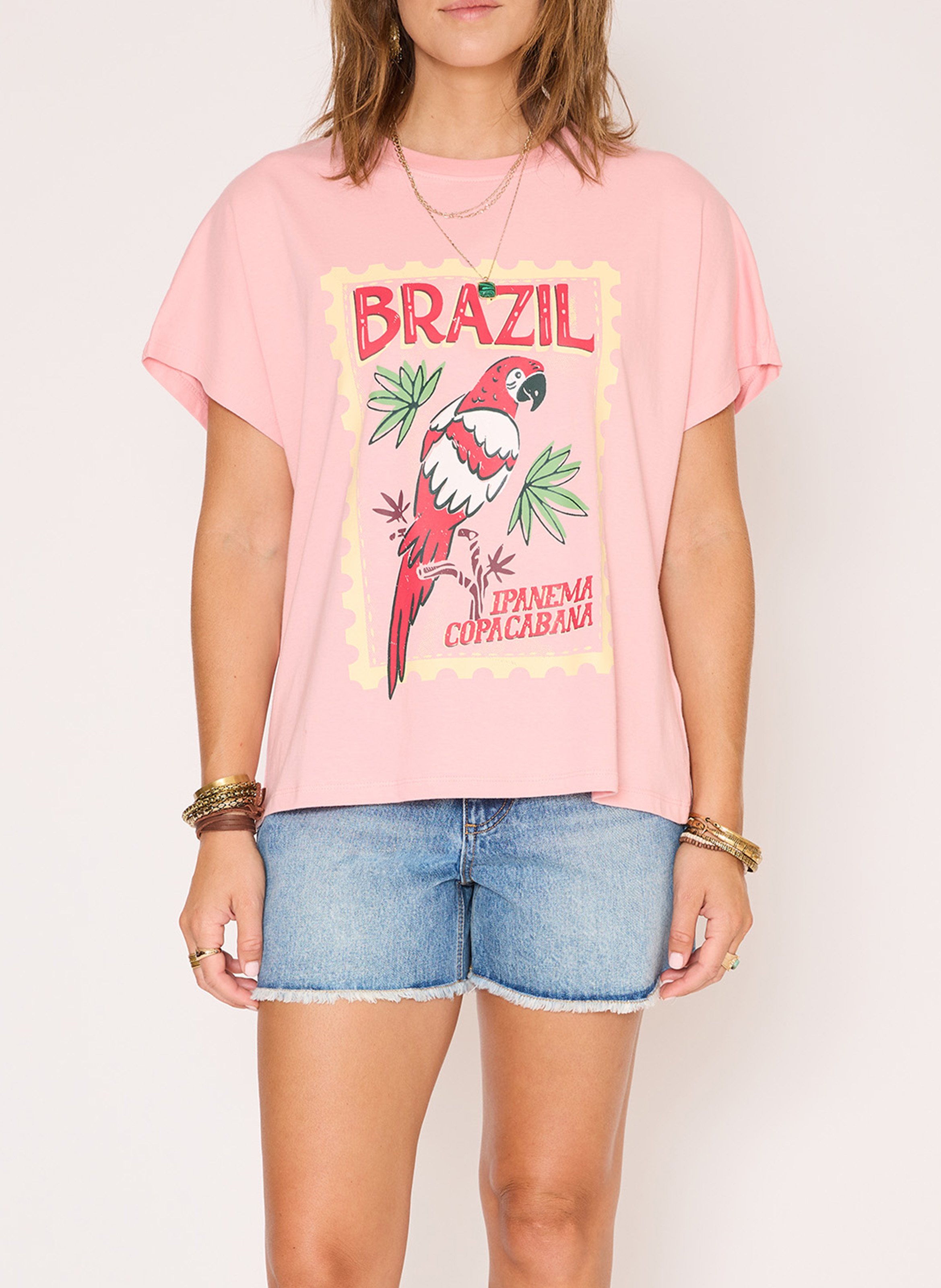 Straight round-neck cotton T-shirt with screen print MKT Pink