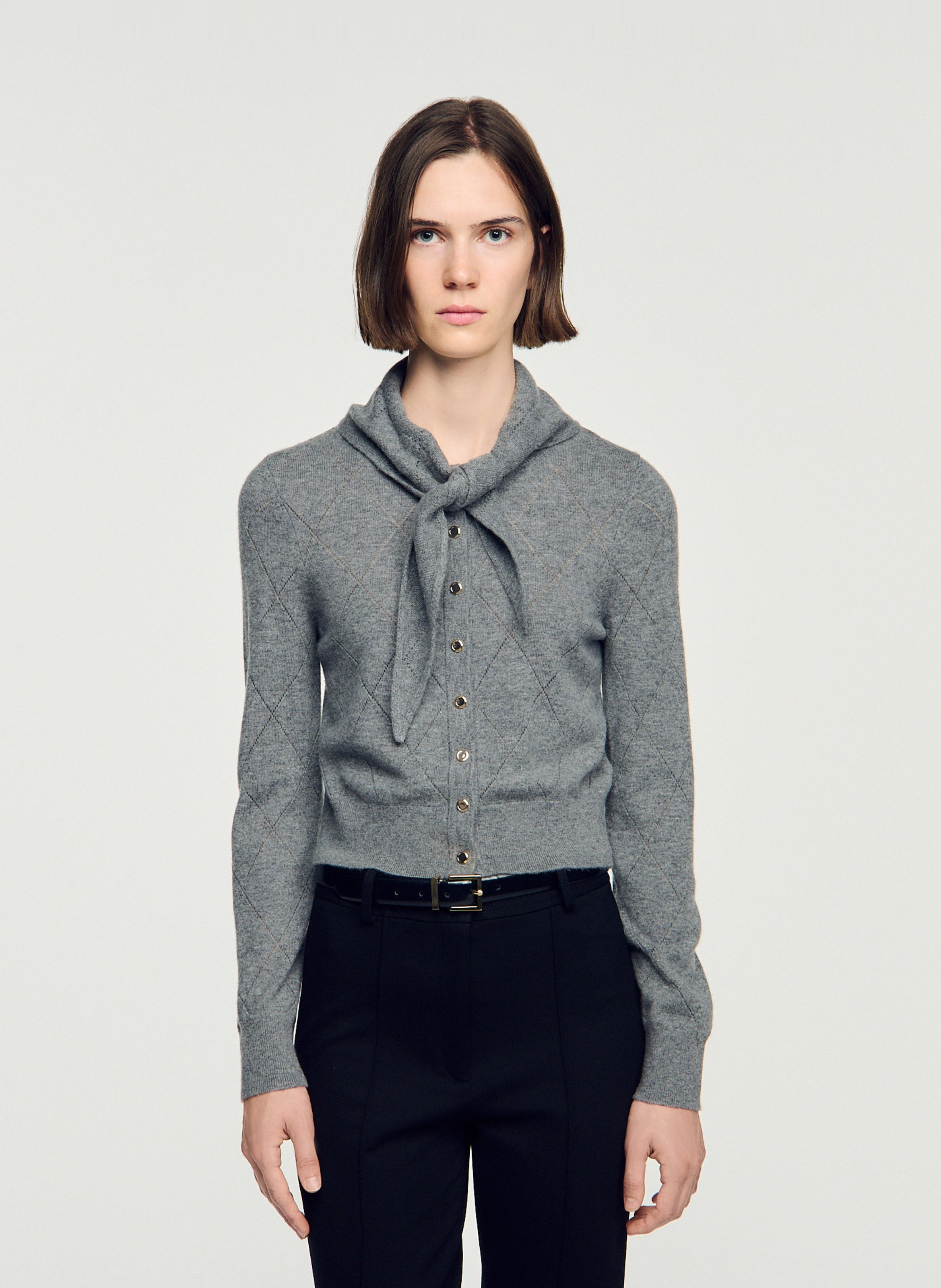Gilet en maille ajourée de laine et cachemire SANDRO Gris
