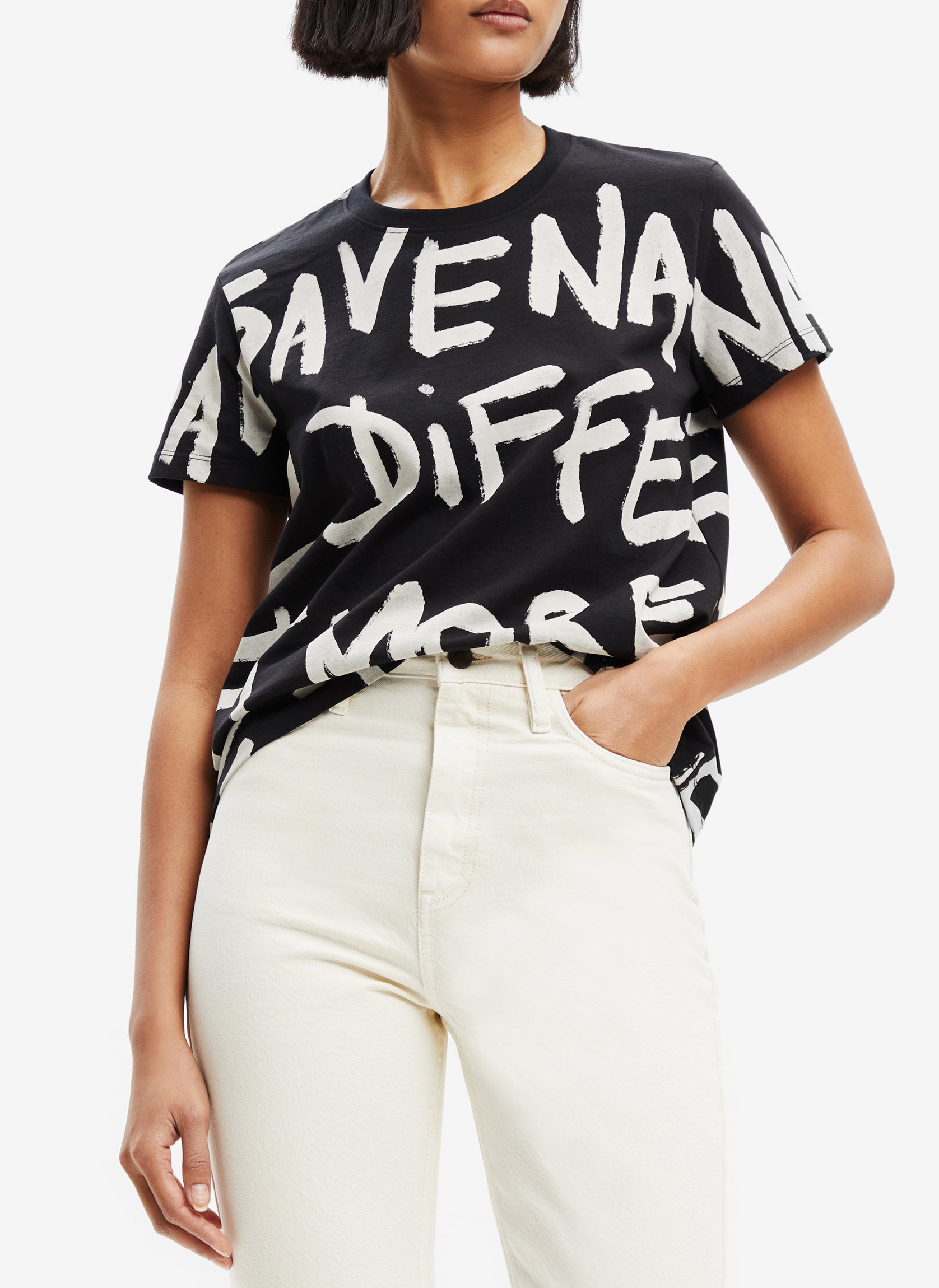 Tee-shirt col rond imprimé texte en coton  NoirDESIGUAL