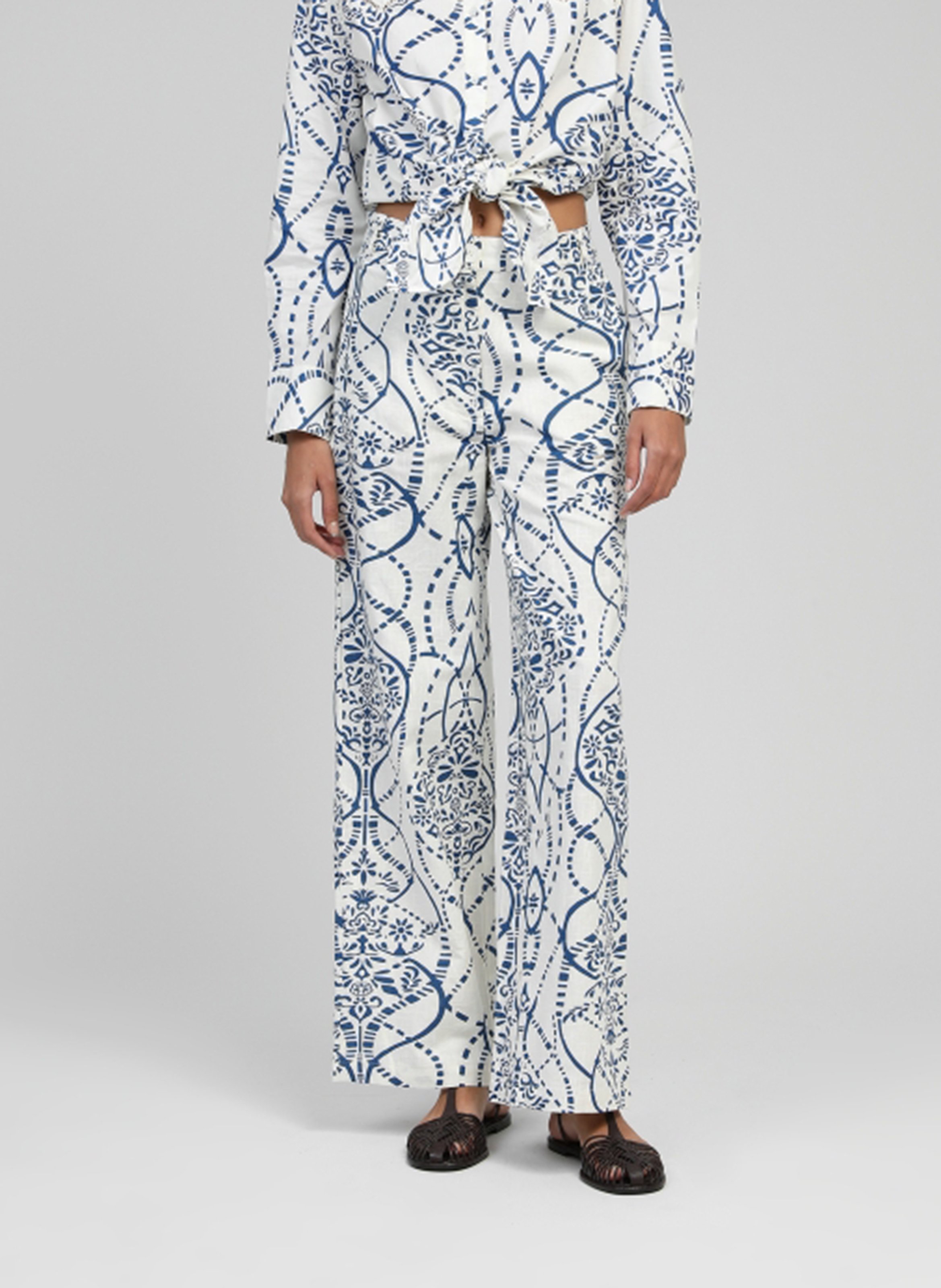 Wide printed pants in blended cotton and linen AN'GE