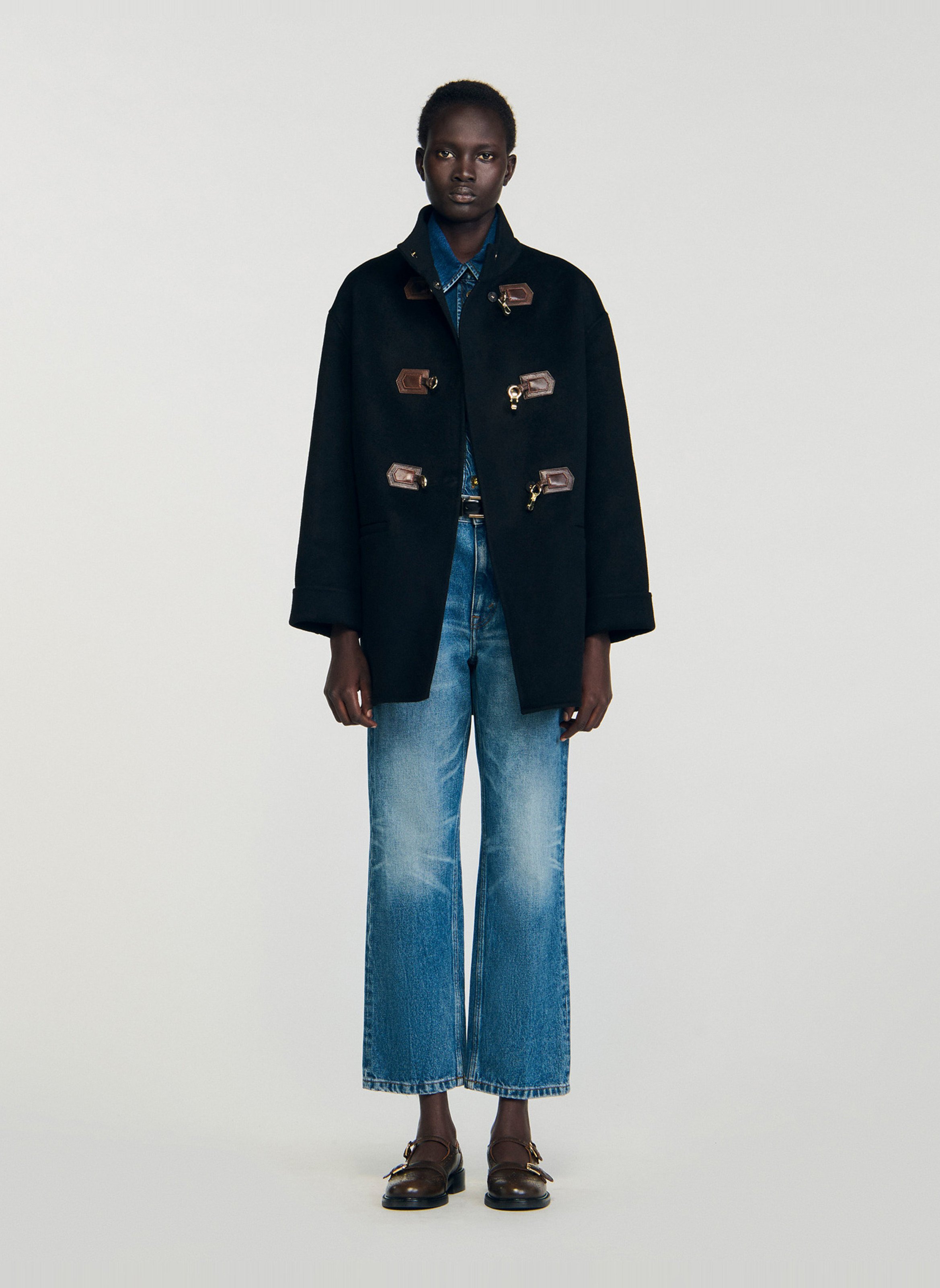 Jas van wol met opstaande kraag SANDRO Zwart