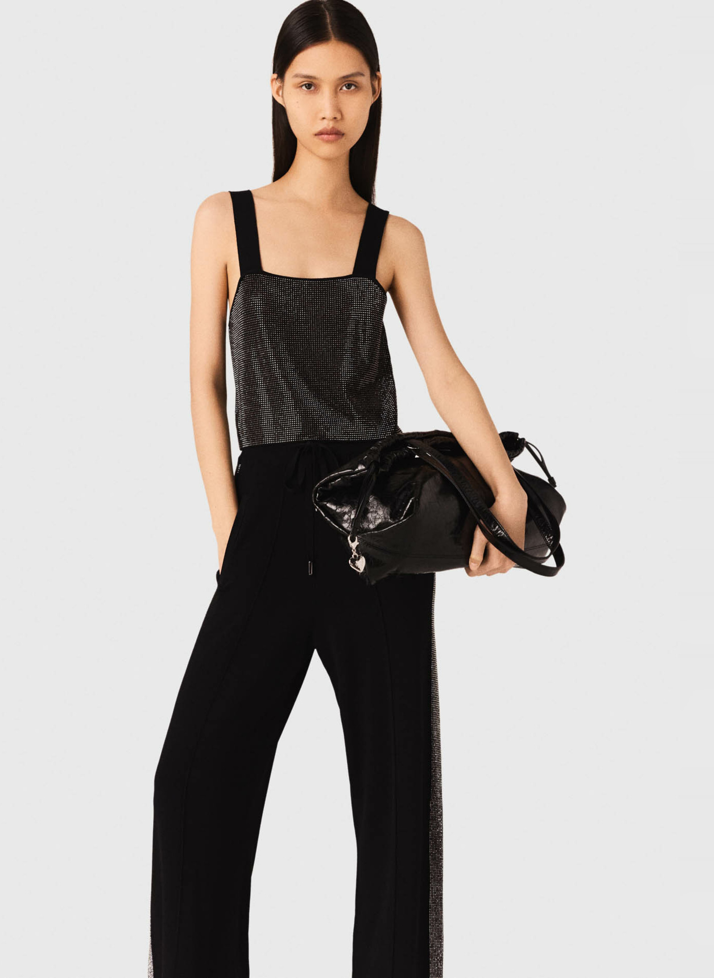 Top court col carré à strass MAJE Noir