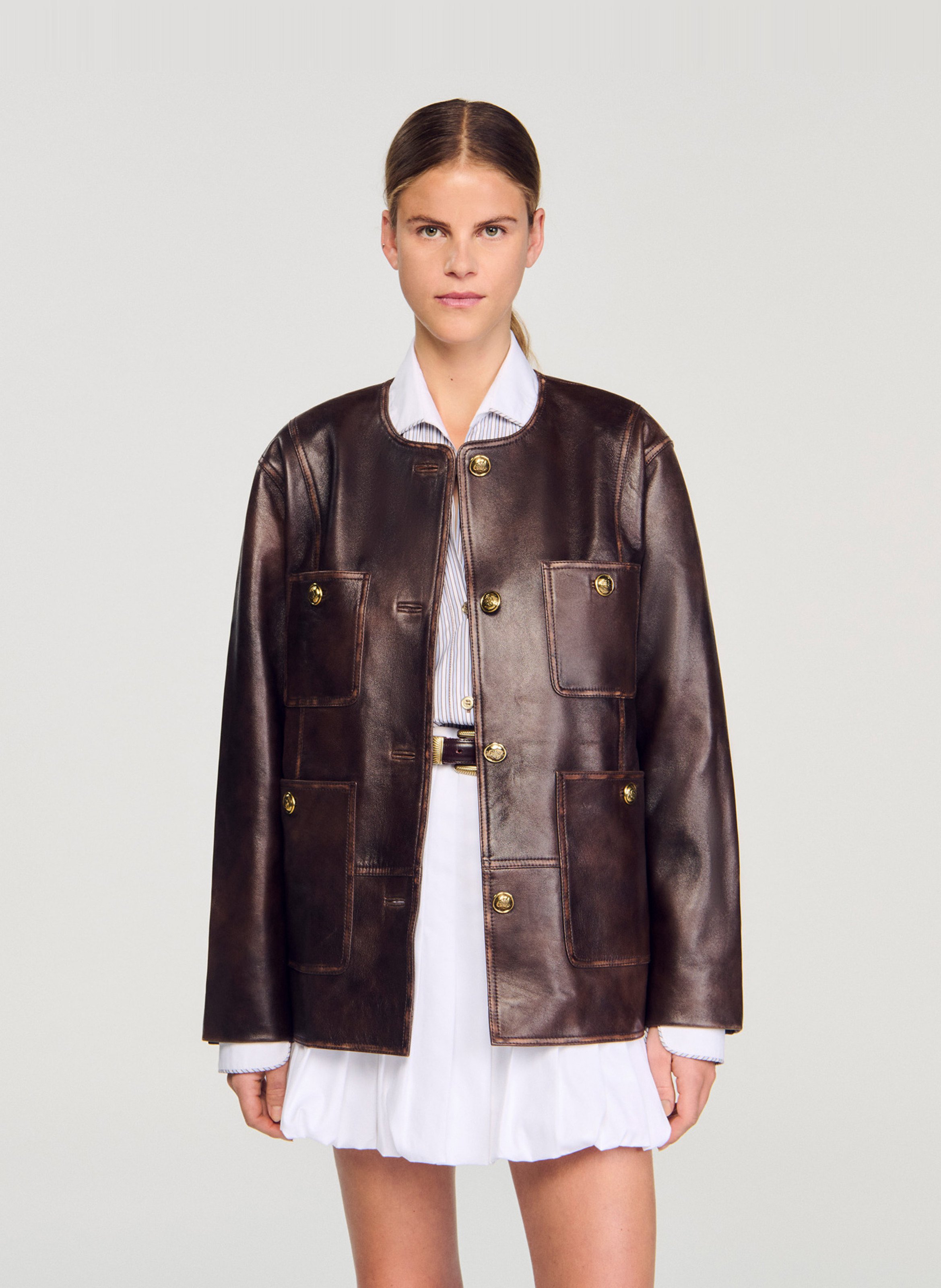 Blouson col rond en cuir SANDRO Marron