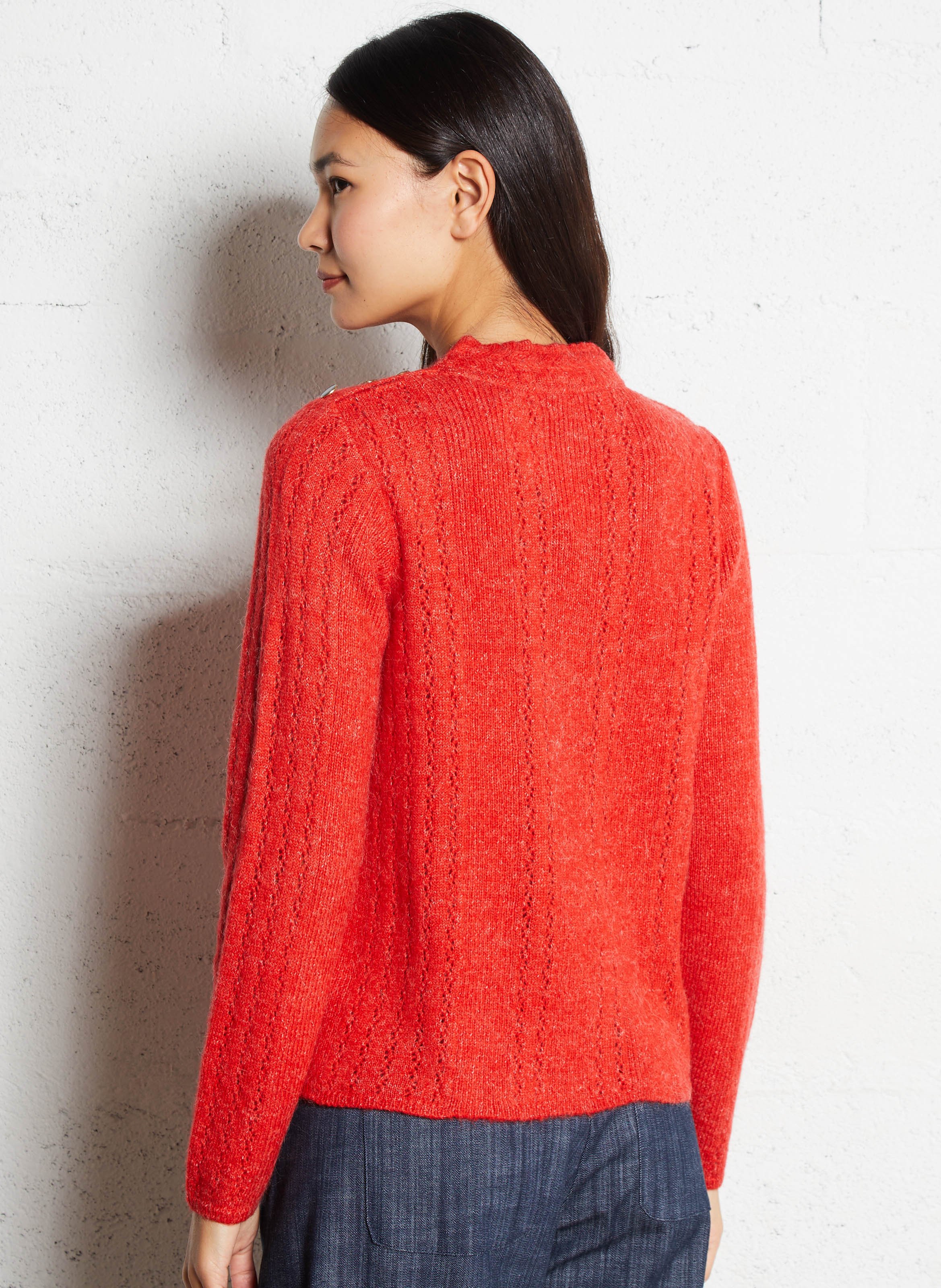 Round neck straight fit sweater in openwork knit I CODE Red