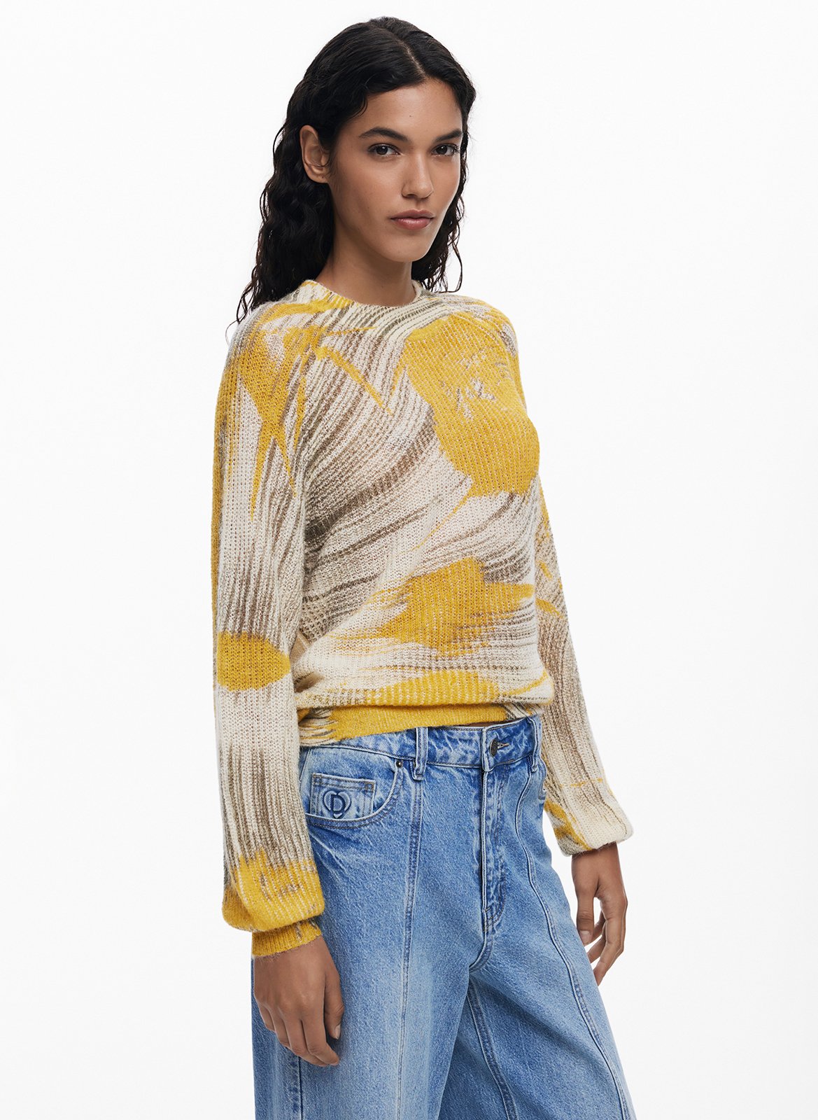 Maglione diritto a collo rotondo con motivi DESIGUAL Giallo